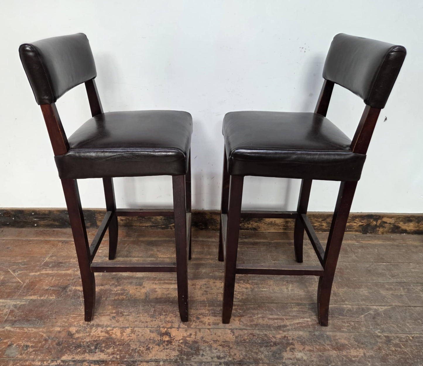 Pair of Black Faux Leather Bar Stools with Wood Frames