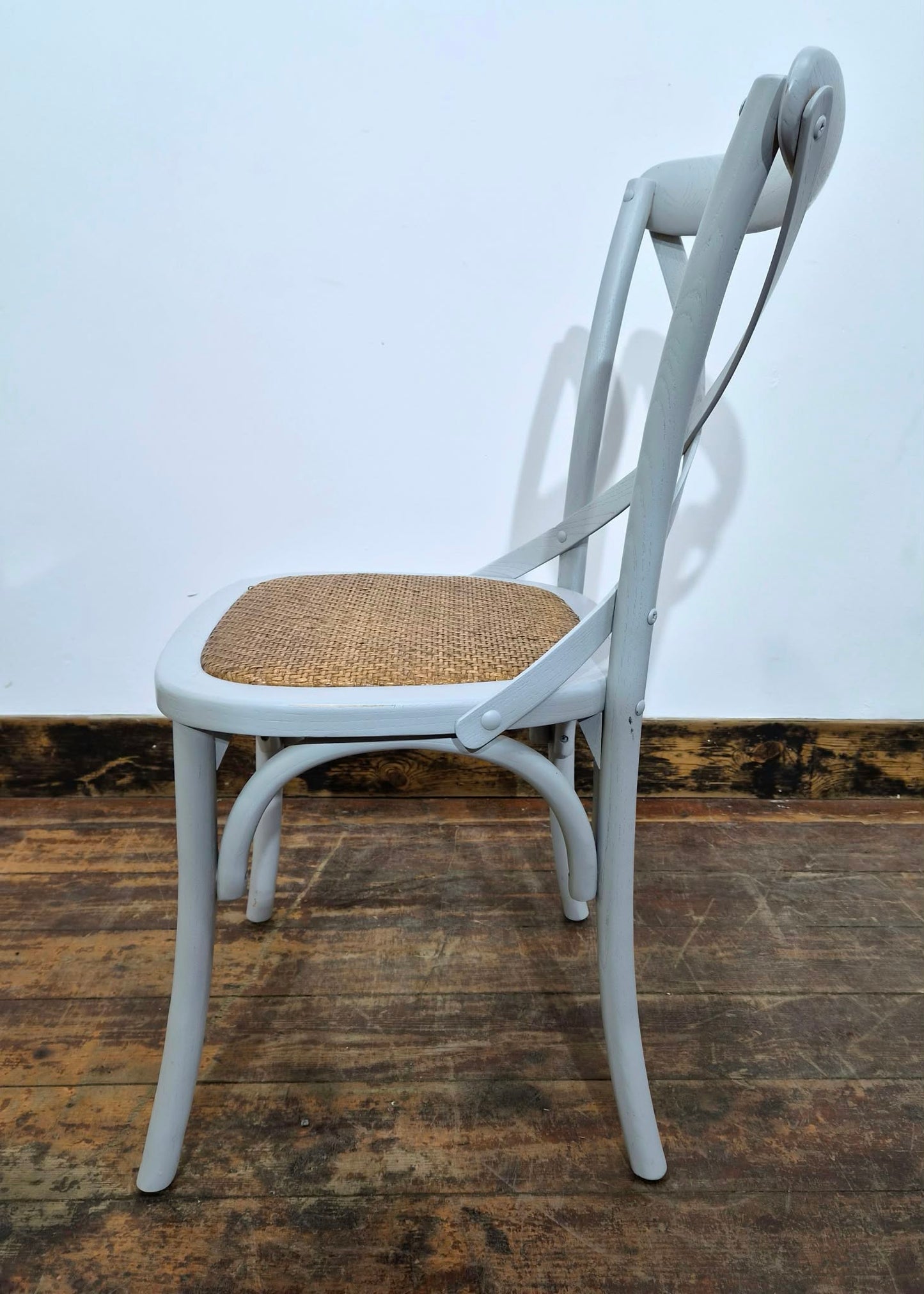 Set of Three White Bentwood Chairs and Triangular Base Wooden Table