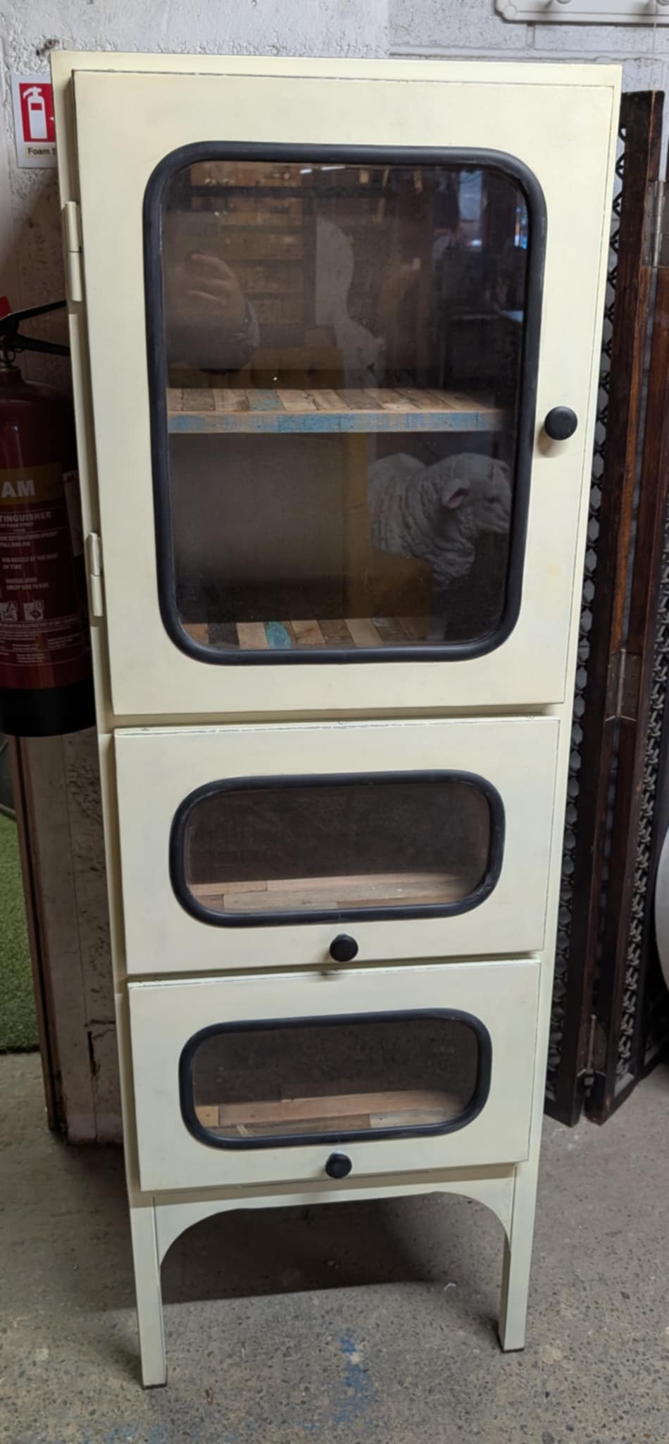 White Glass-Fronted Cabinet / Drawers with Boatwood Panels and Metal Frame