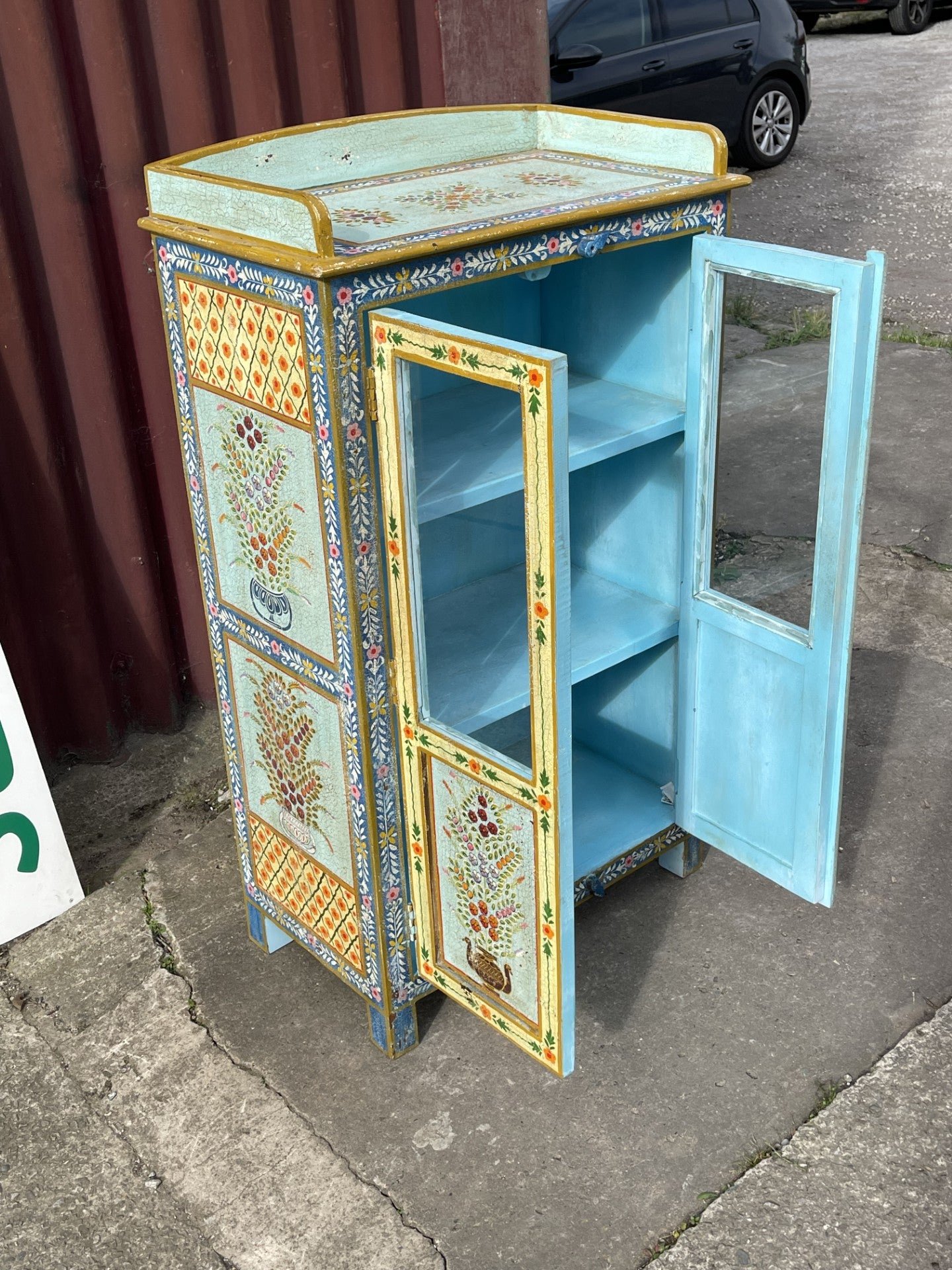Hand Painted Indian Style Display Cabinet Glass Door Floral Decorative Storage
