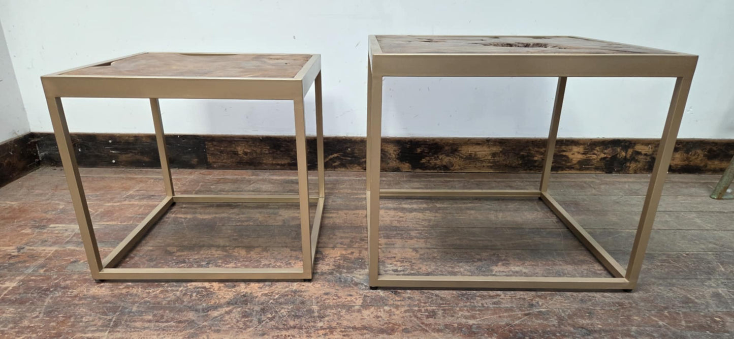 Pair of Square, Metal Frame Coffee Tables with Raw Wood Tops and Natural Holes