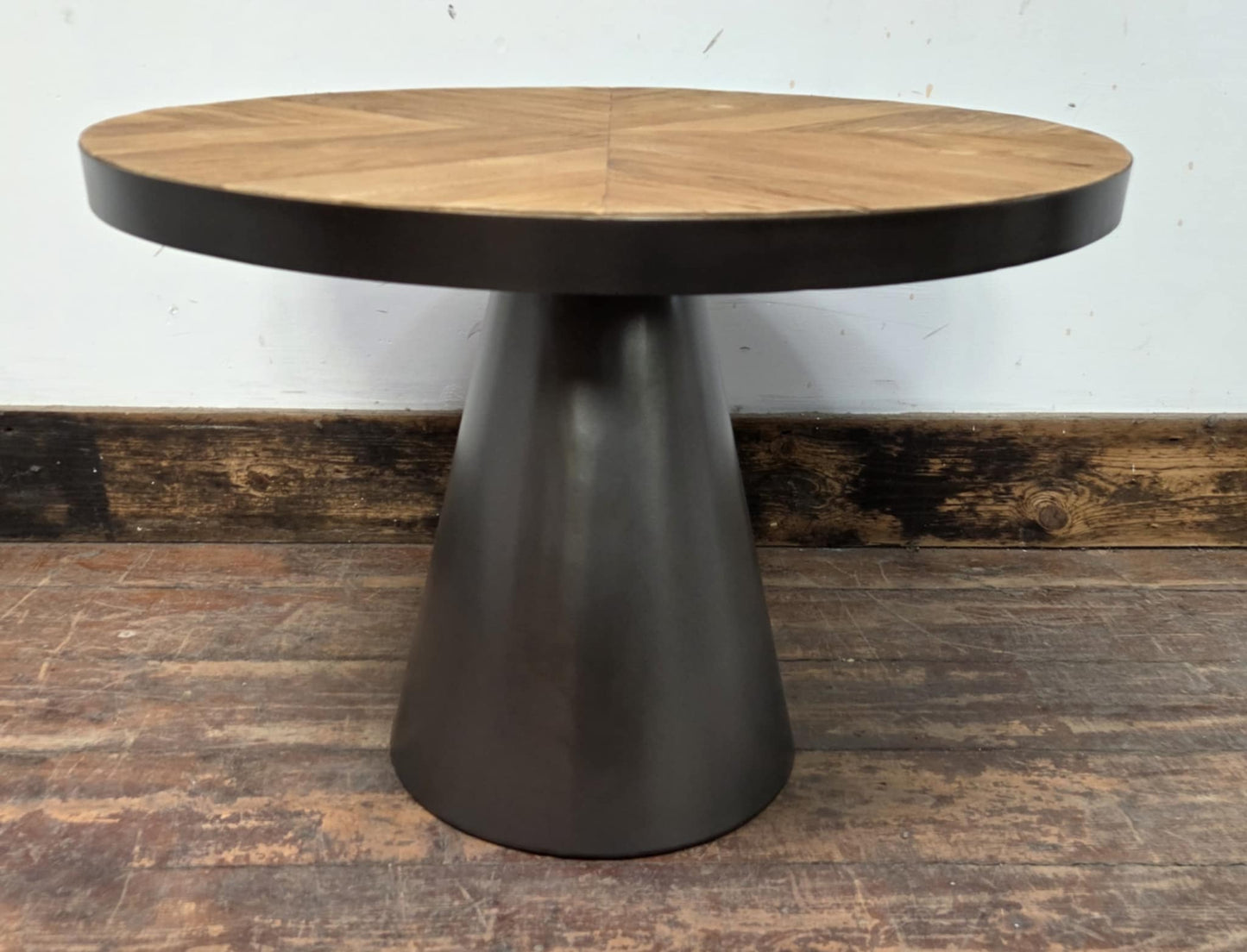 Small Circular Coffee Table with Wooden Top and Steel Frame