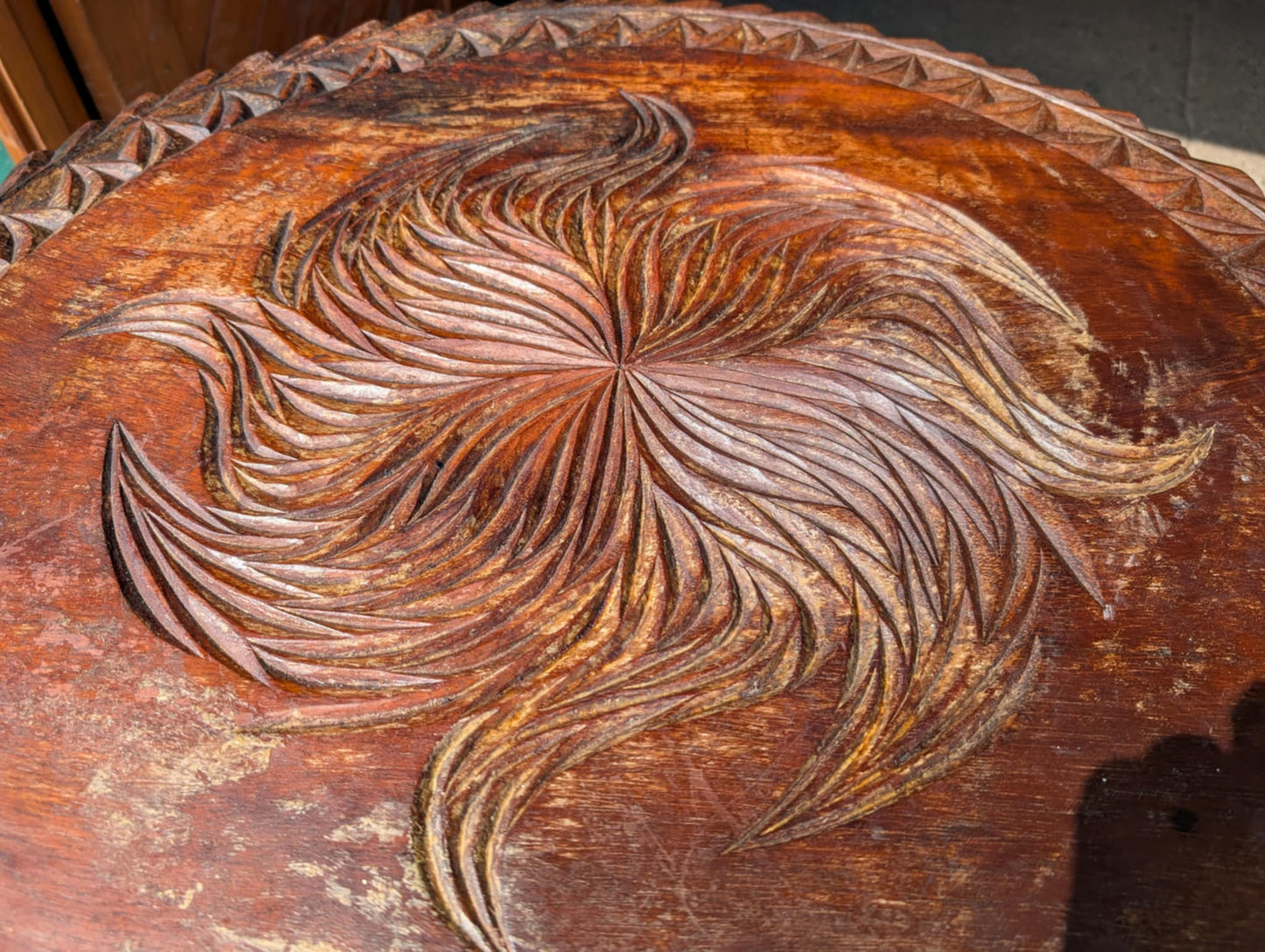 Carved Round Pub Table with Antique Wooden Top and Cast Iron Base