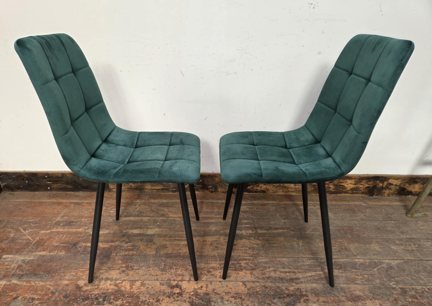 Pair of Green Velveteen Dining Chairs with Black Metal Bases and Block Stitching