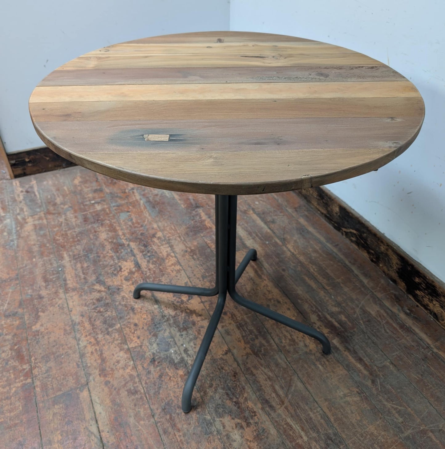 Round Pub Table with Medium Wood Top and Metal Base