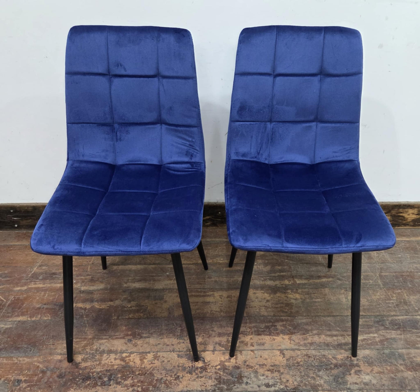 Pair of Blue Velveteen Dining Chairs with Black Metal Bases and Block Stitching