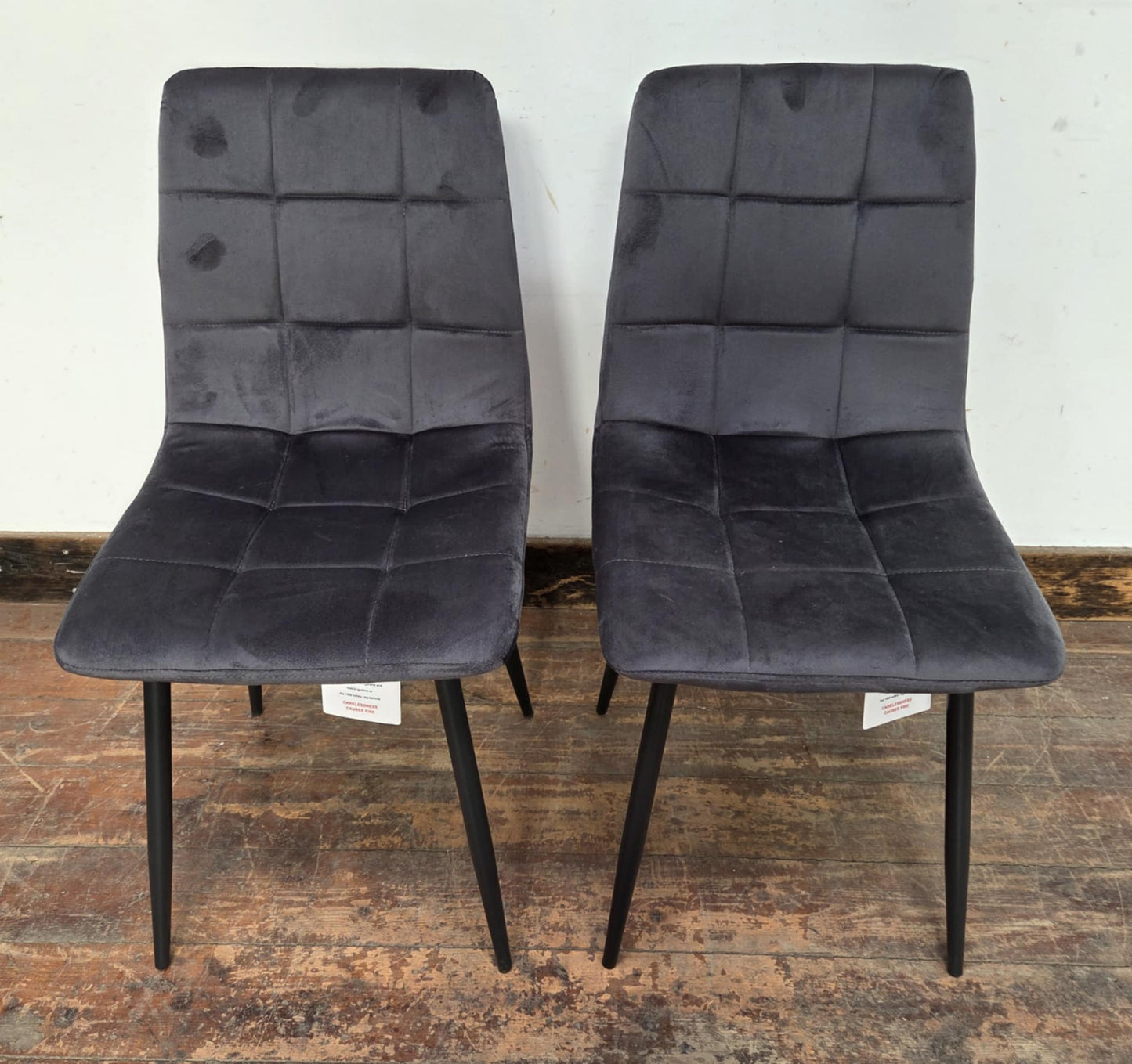 Pair of Grey Velveteen Dining Chairs with Black Metal Bases and Block Stitching