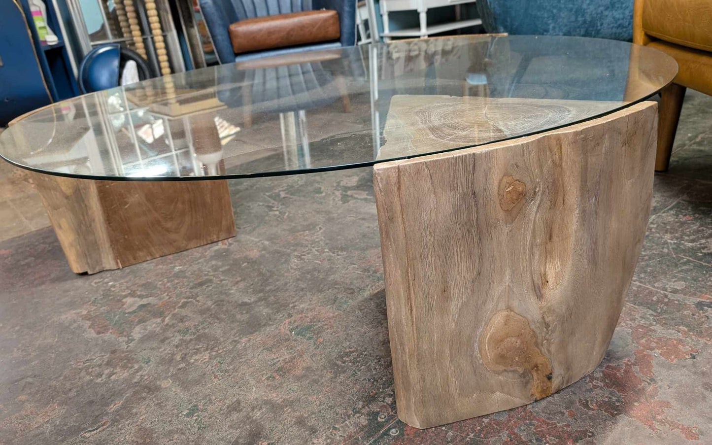 Round Glass Coffee Table with Solid Wood Supports