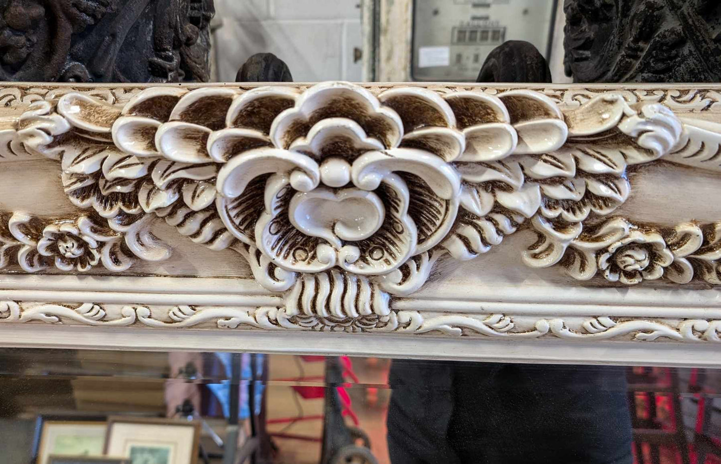 Large Wall Mirror with Ornate White Lacquered Frame