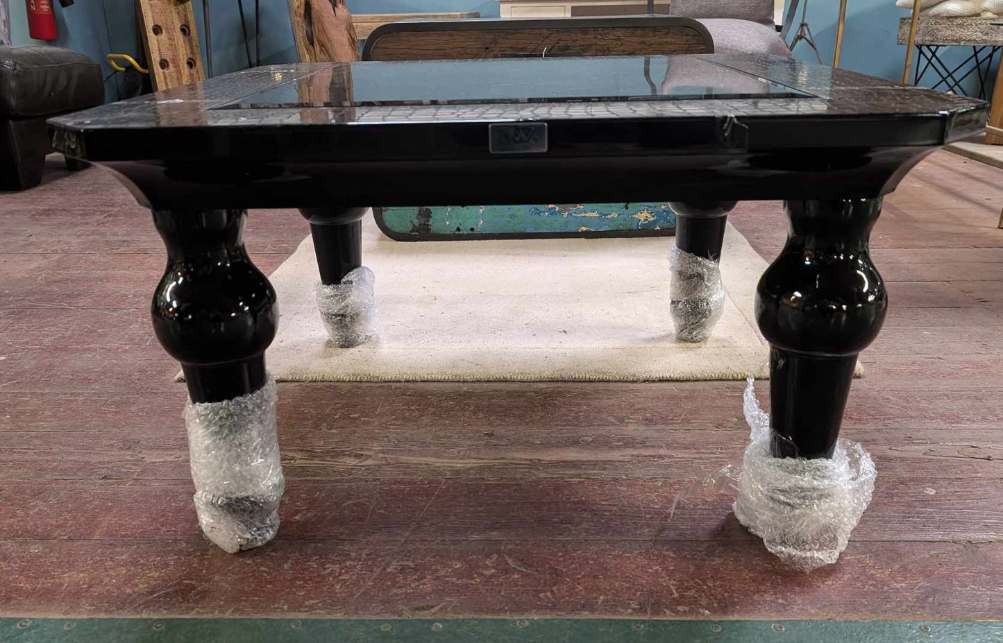 Black Snakeskin Texture Coffee Table with Glass Top
