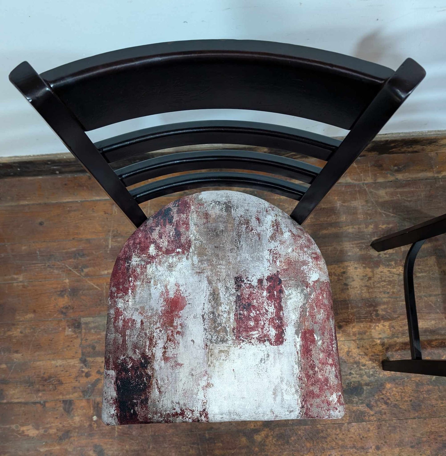 Pair of Black Highback Bar Stools with Fabric "Paint Pattern" Seats - 1 Red, 1 Blue