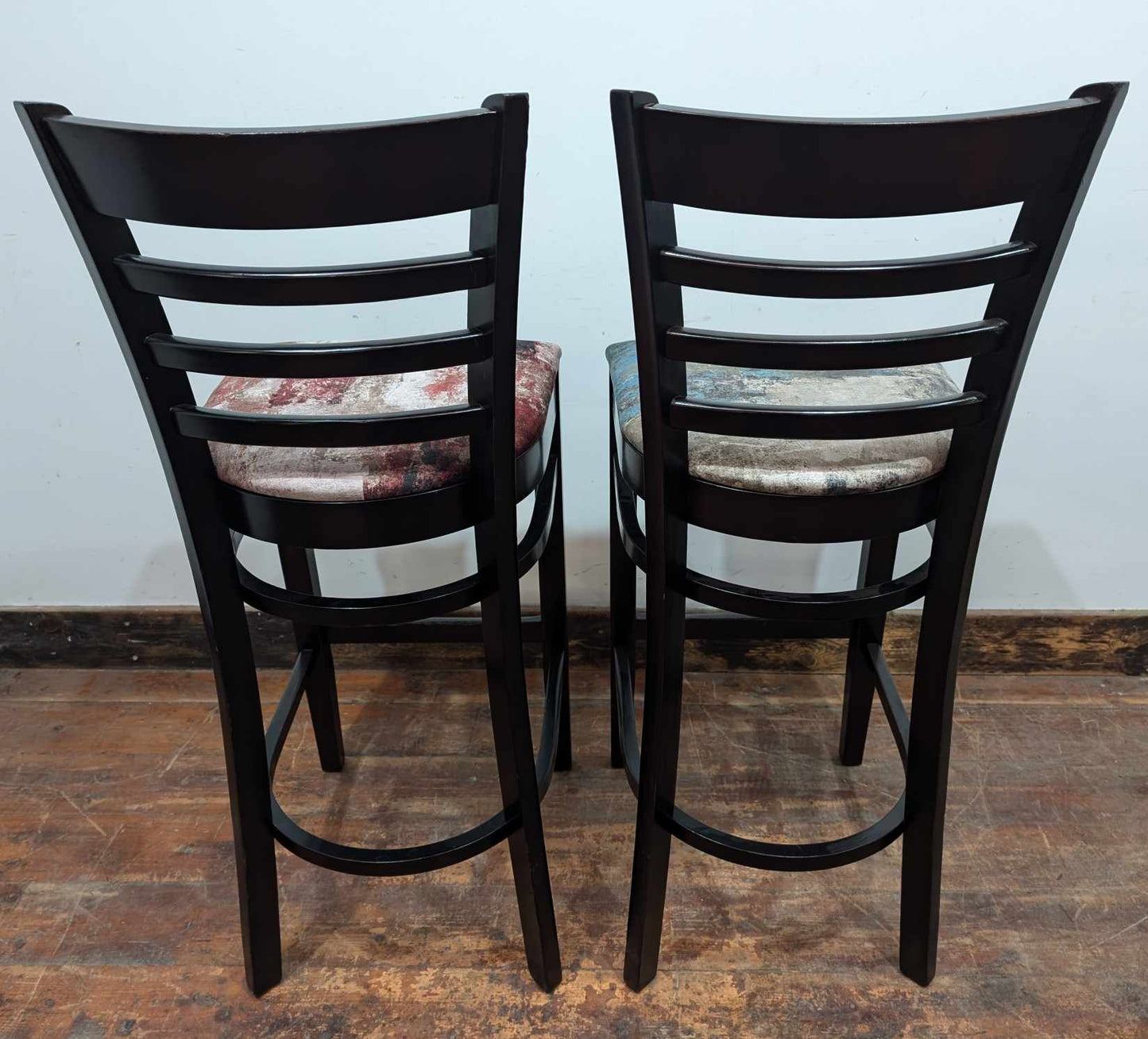 Pair of Black Highback Bar Stools with Fabric "Paint Pattern" Seats - 1 Red, 1 Blue