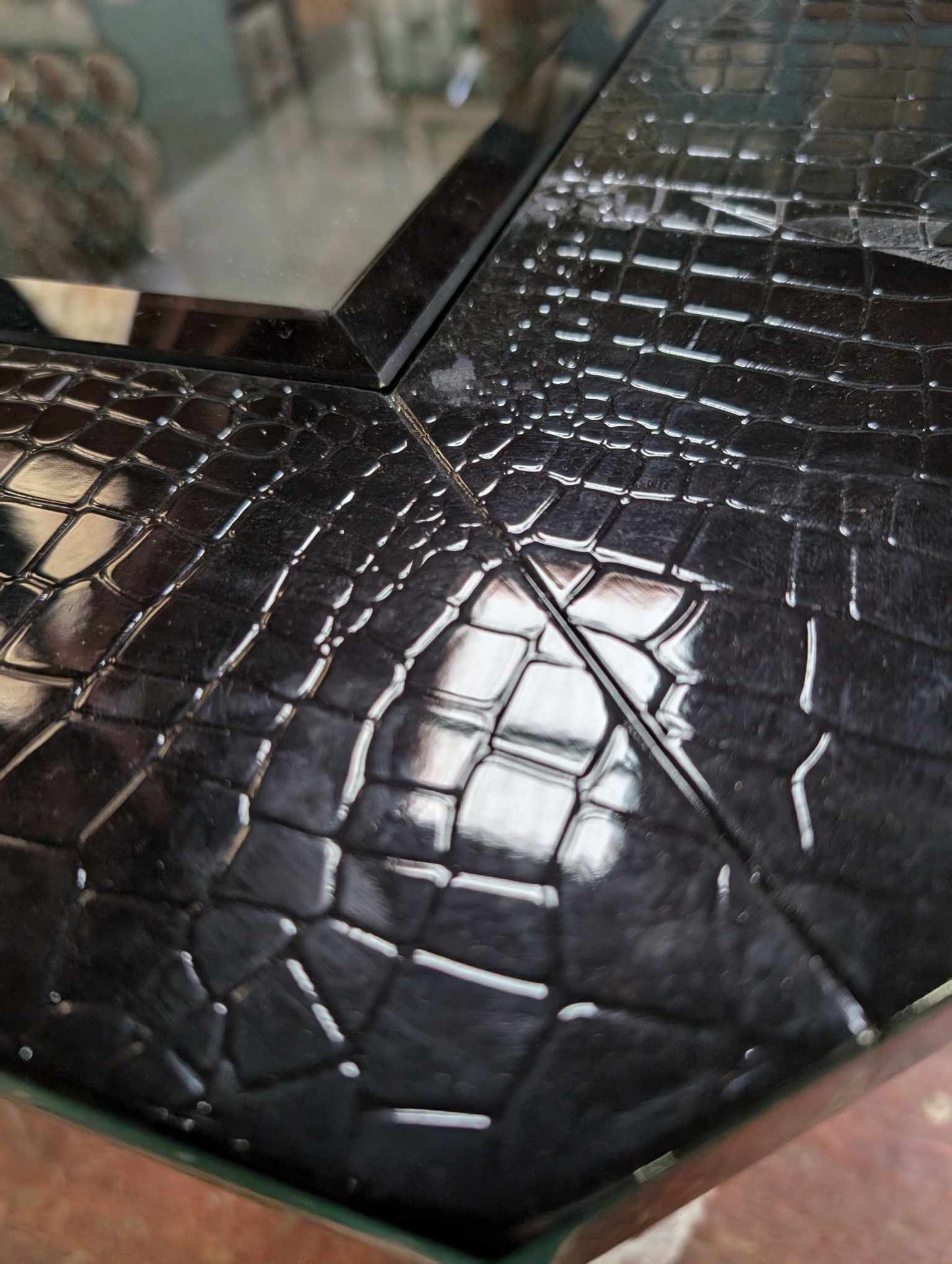 Black Snakeskin Texture Coffee Table with Glass Top