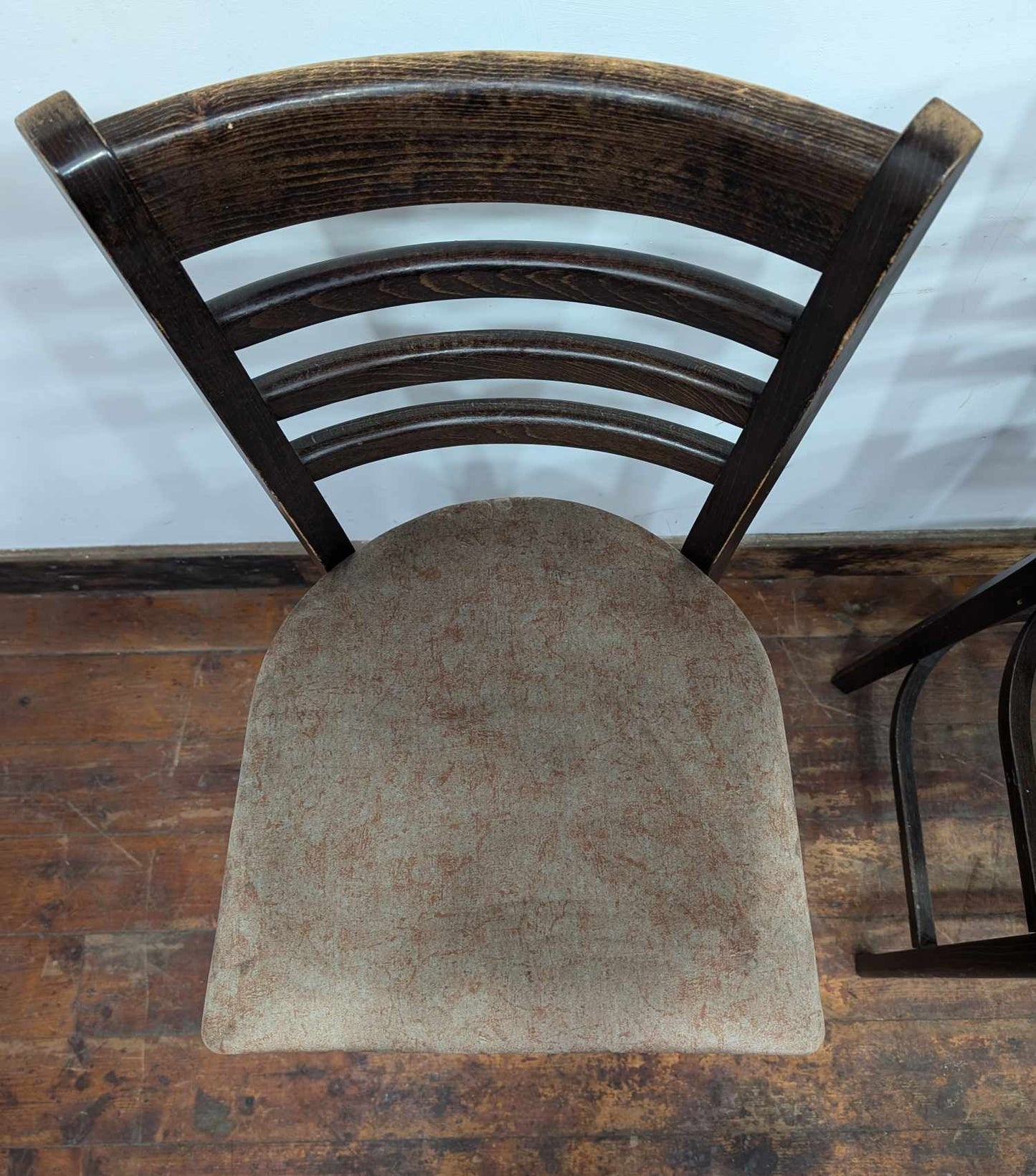 Pair of Brown High-back Bar Stools with Lightly Patterned Beige Fabric Seats