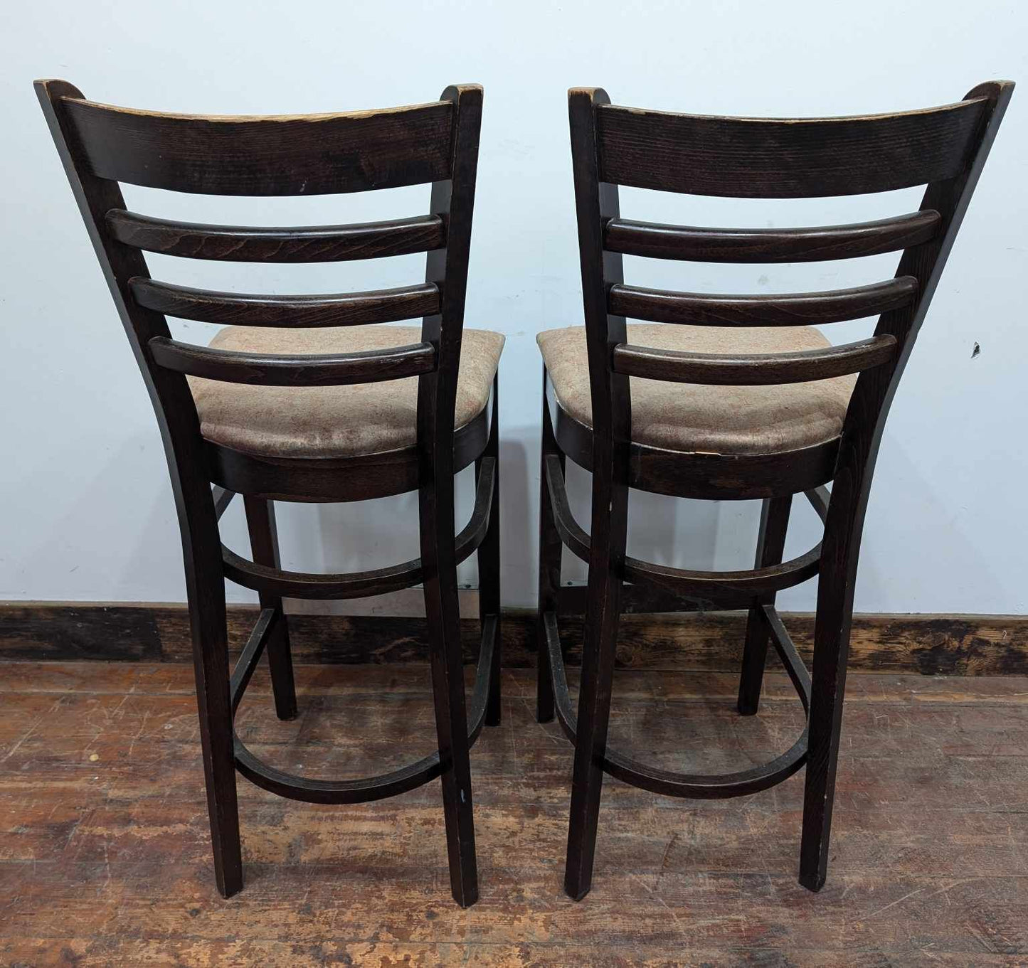 Pair of Brown High-back Bar Stools with Lightly Patterned Beige Fabric Seats