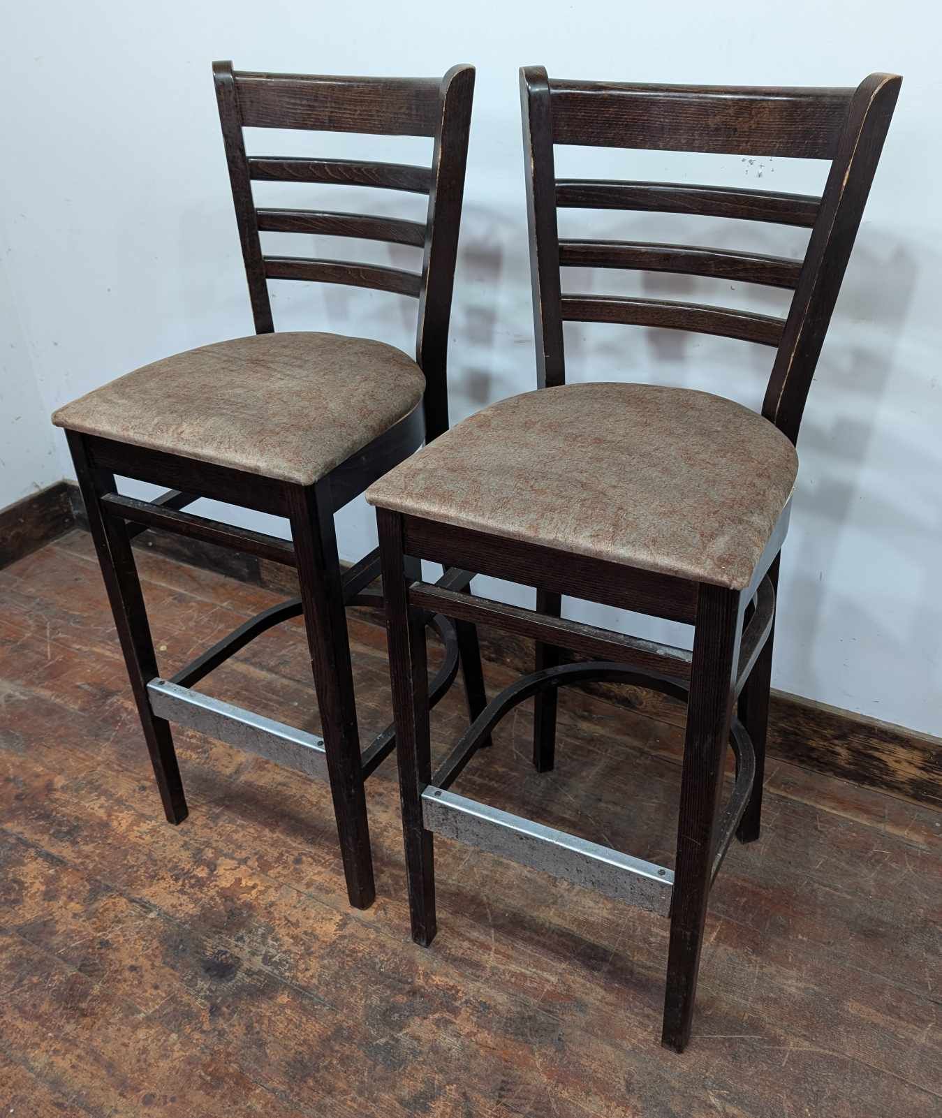Pair of Brown High-back Bar Stools with Lightly Patterned Beige Fabric Seats