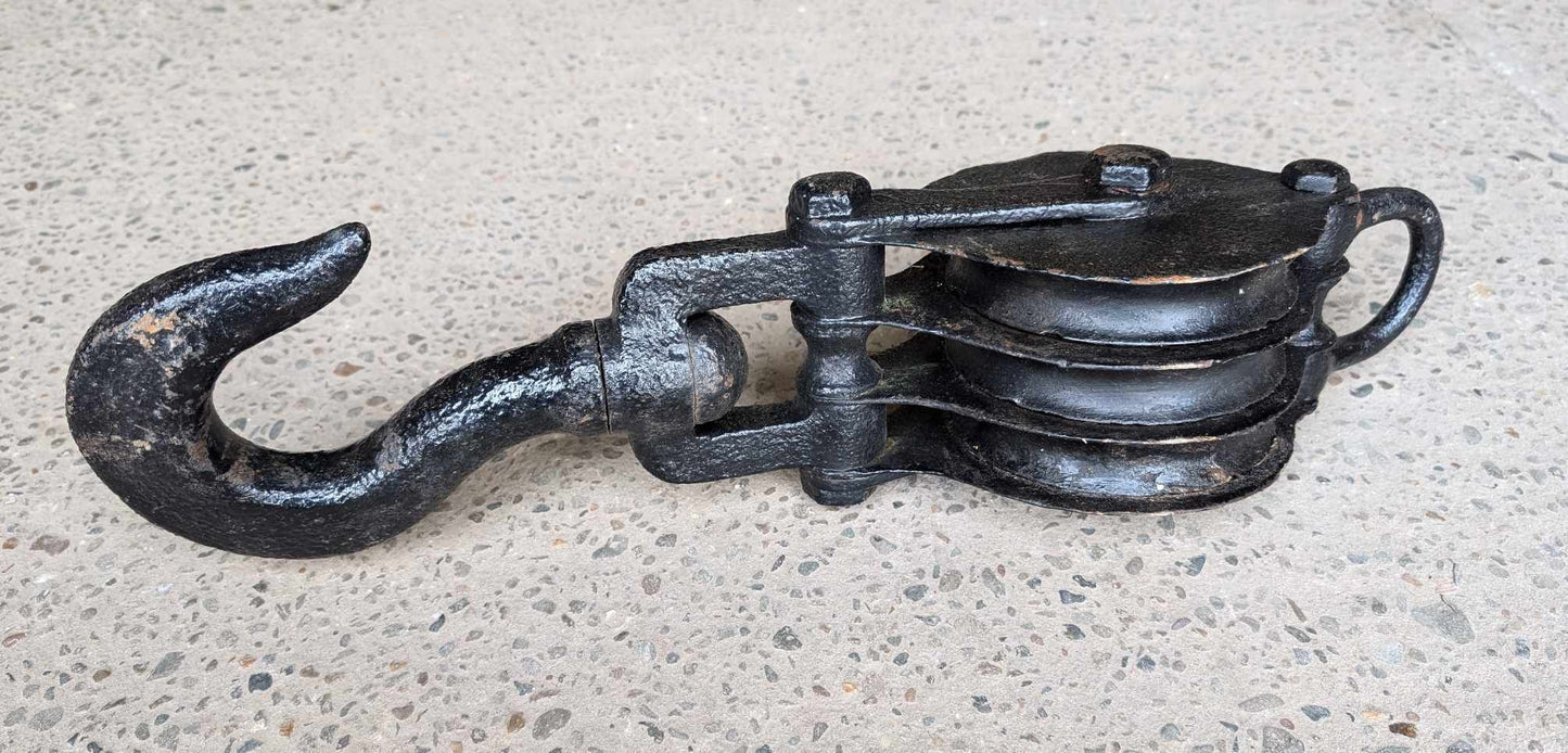 Vintage Cast Iron 20" Pulley Block and Hook / Triple Sheave / Industrial