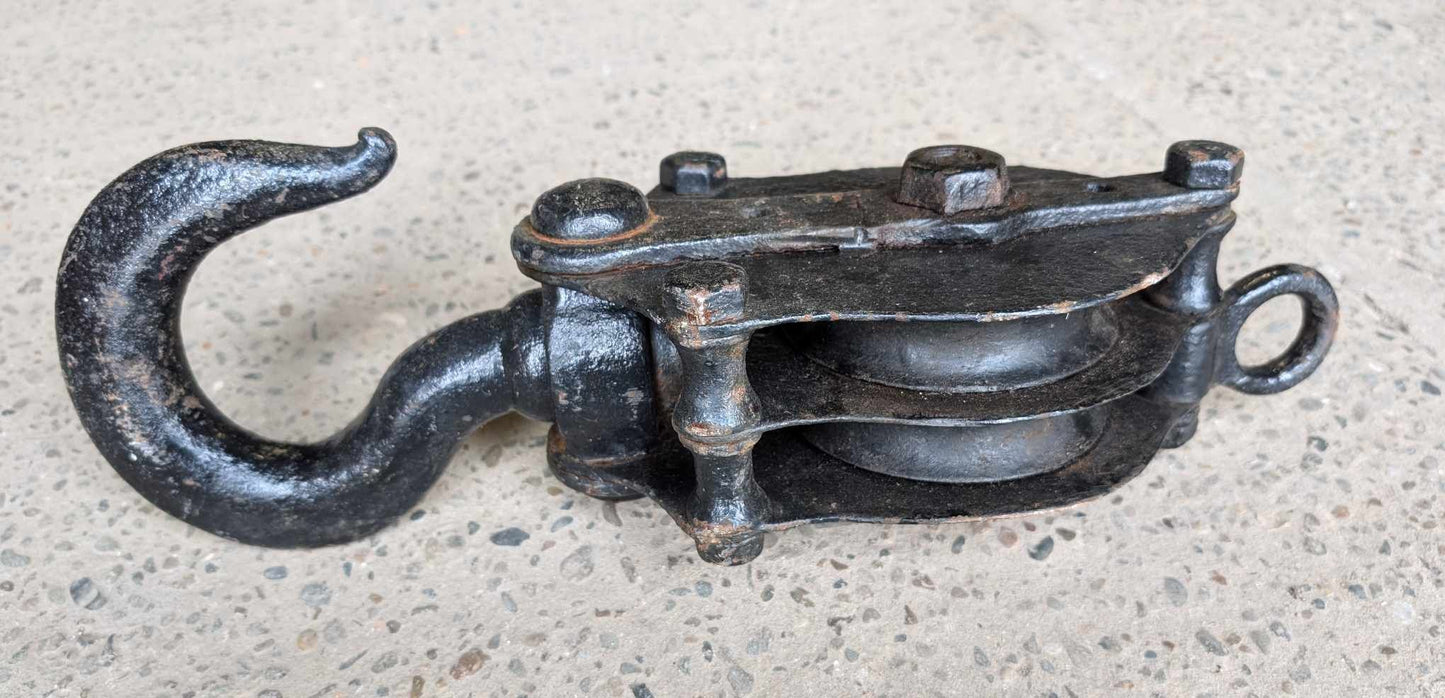 Vintage Cast Iron 17" Pulley Block and Hook / Double Sheave / Industrial
