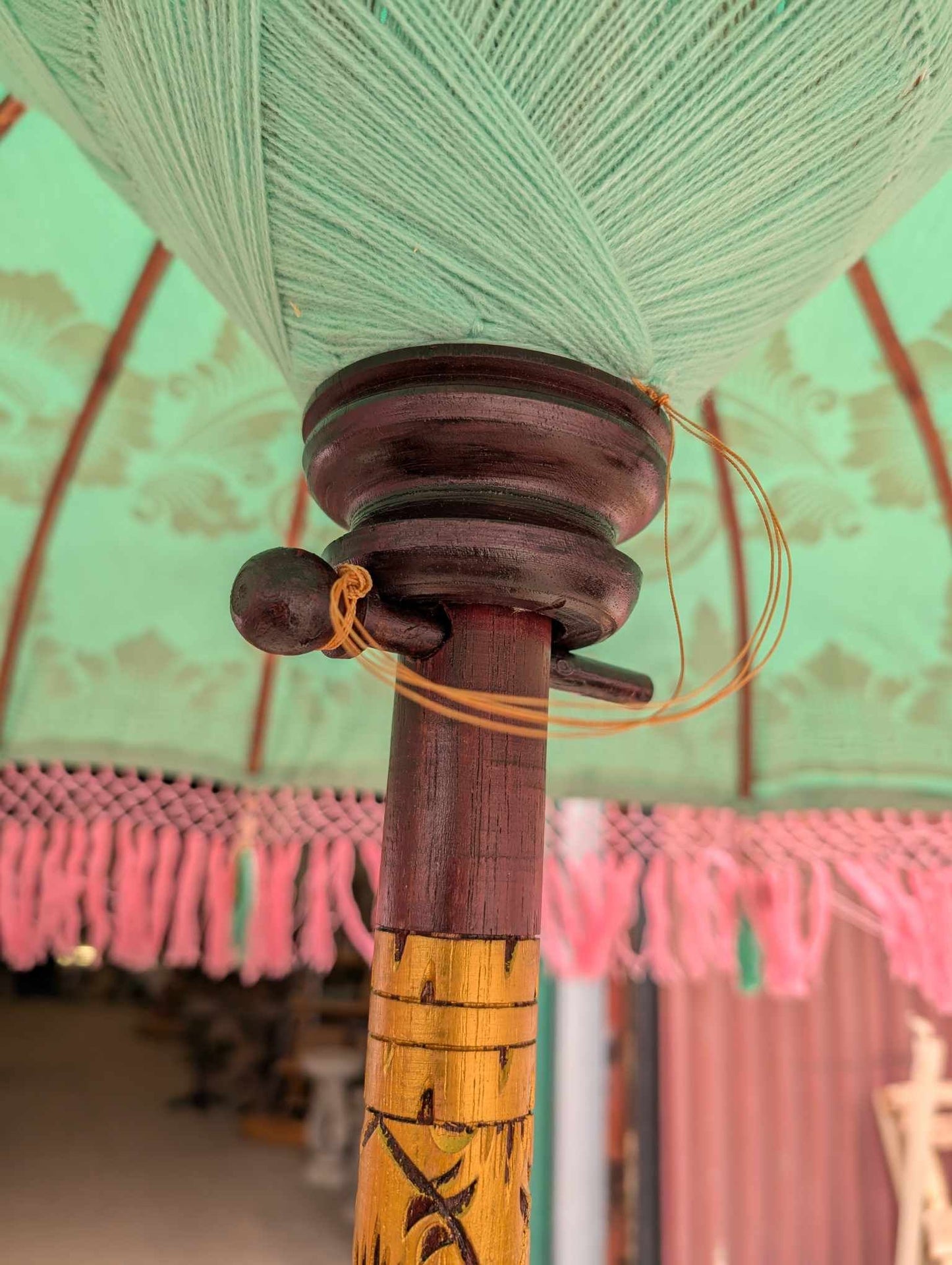 Handmade Bali Sun Parasol - Mint Green with Candy Pink Fringe (Base not included)