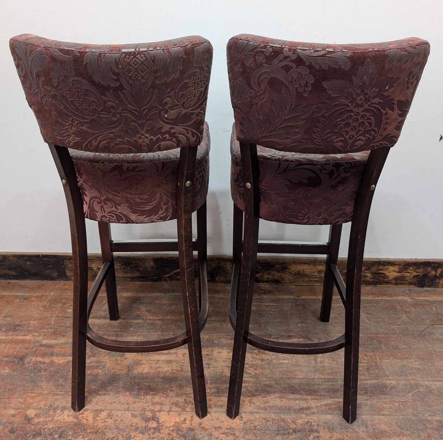 Set of Four Fabric and Vinyl Patterned Bar Stools in Black-Red