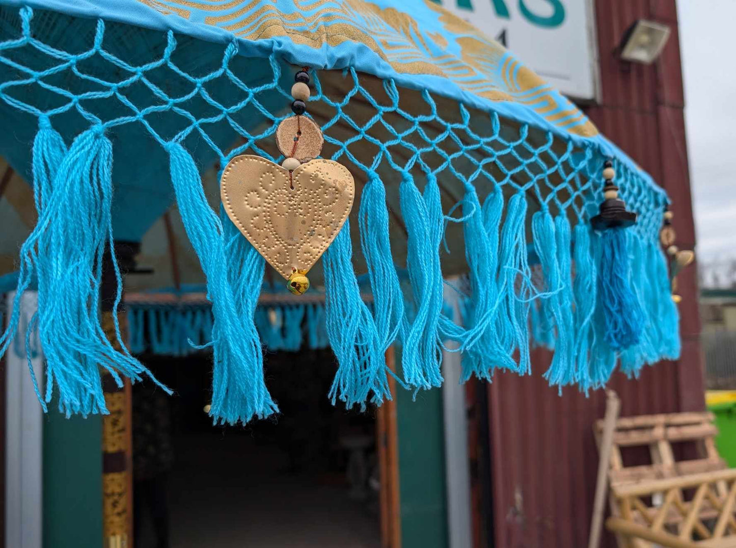 Handmade Bali Sun Parasol - Sky Blue and Gold (Base not included)