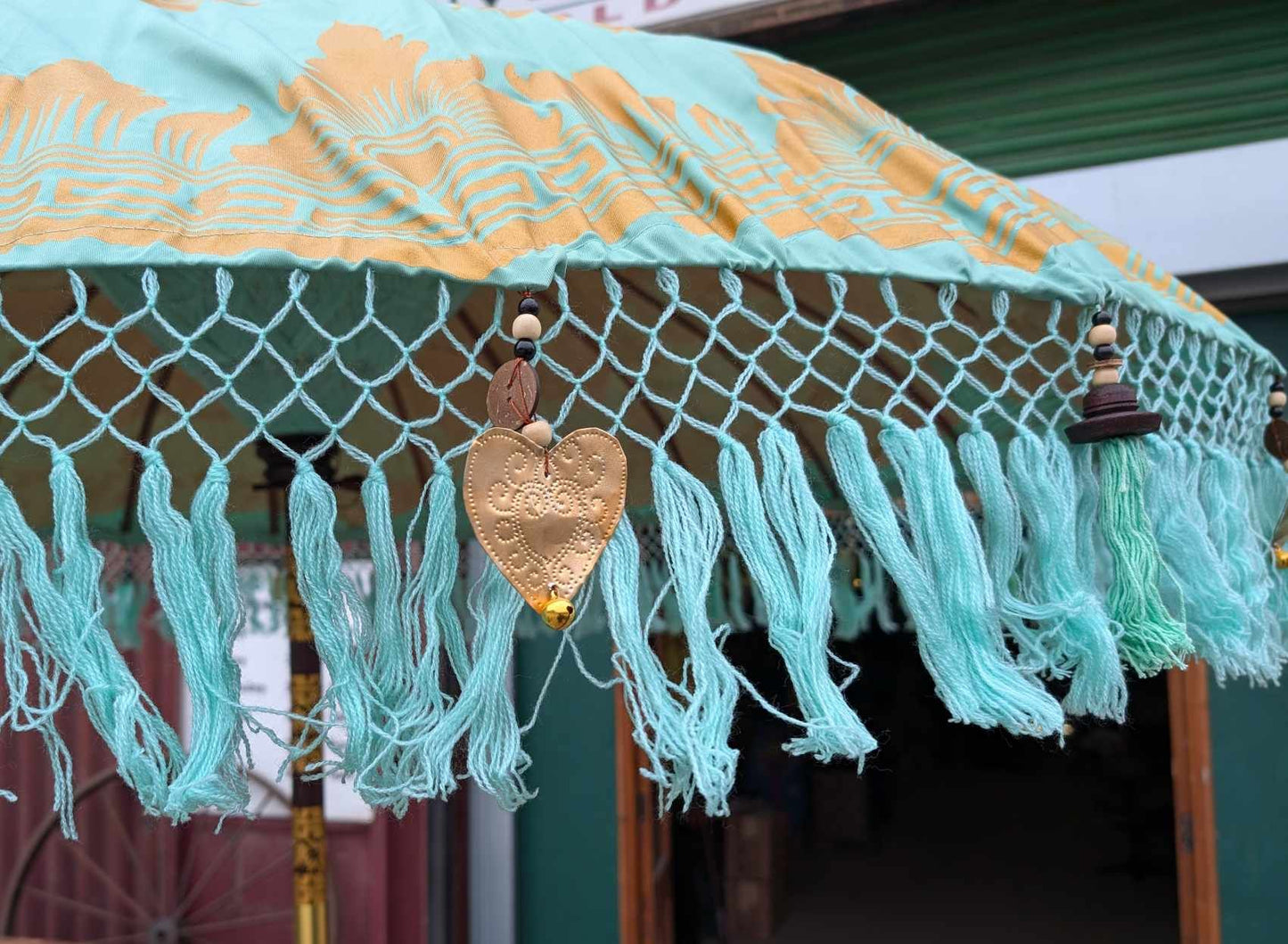 Handmade Bali Sun Parasol - Mint Green and Gold (Base not included)