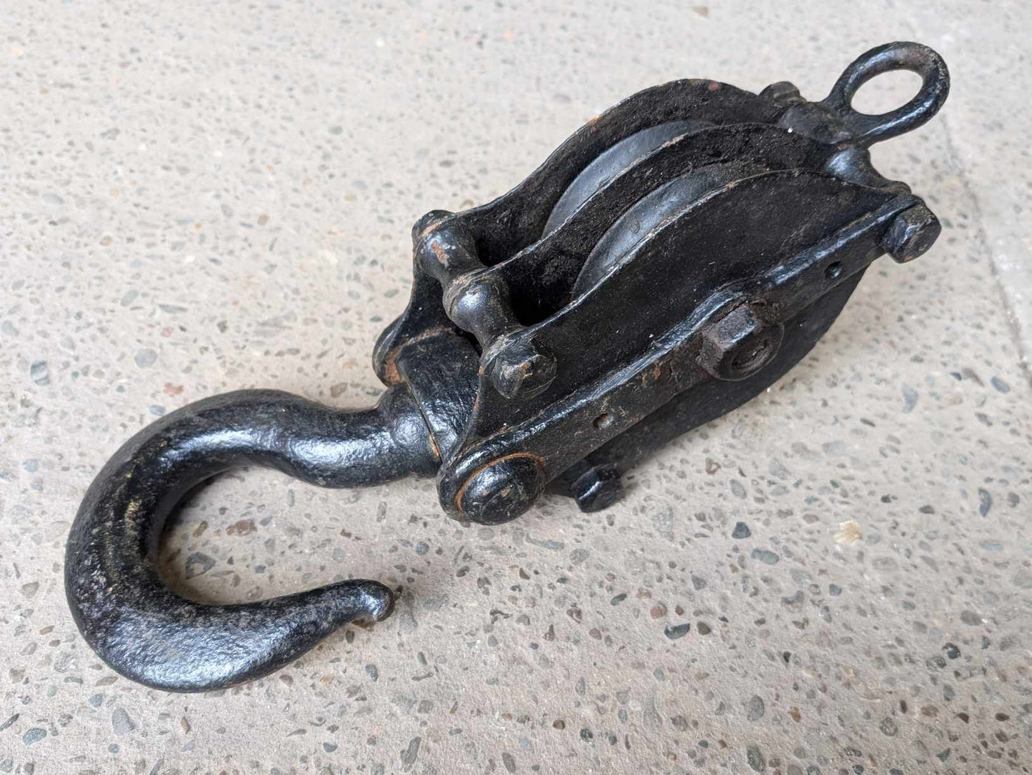 Vintage Cast Iron 17" Pulley Block and Hook / Double Sheave / Industrial