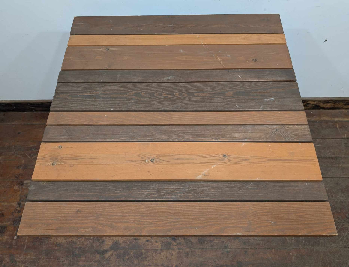 Outdoor Poseur Table with Panelled Wooden Top and Grey Steel Pillar Base