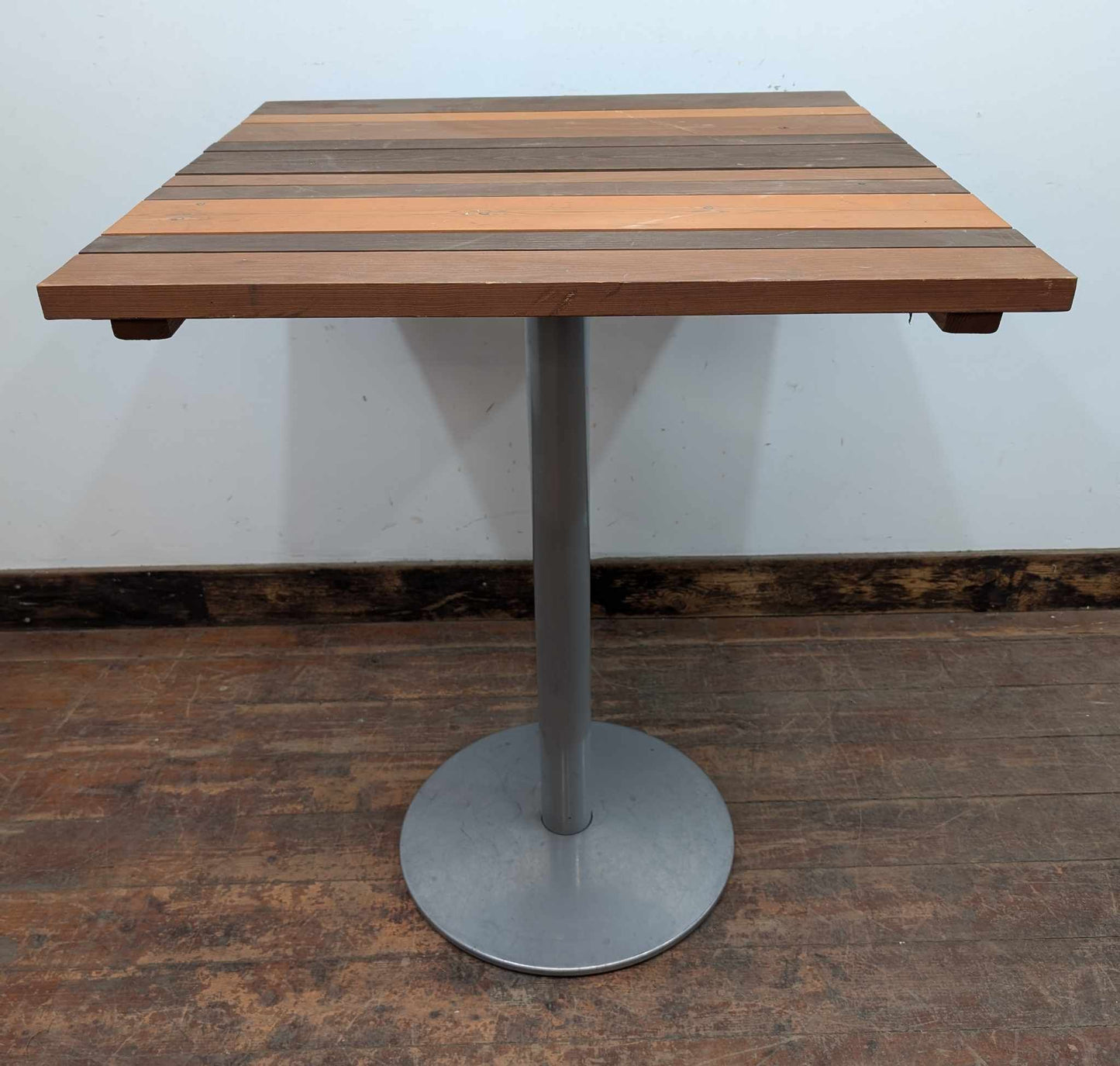 Outdoor Poseur Table with Panelled Wooden Top and Grey Steel Pillar Base