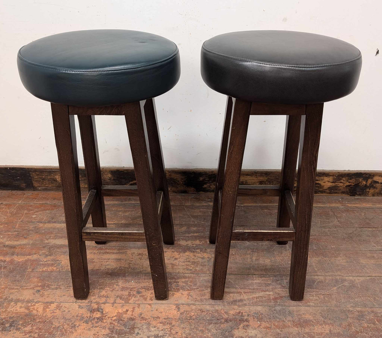 Pair of Blue and Black Vegan Leather Topped Bar Stools with Wooden Frames