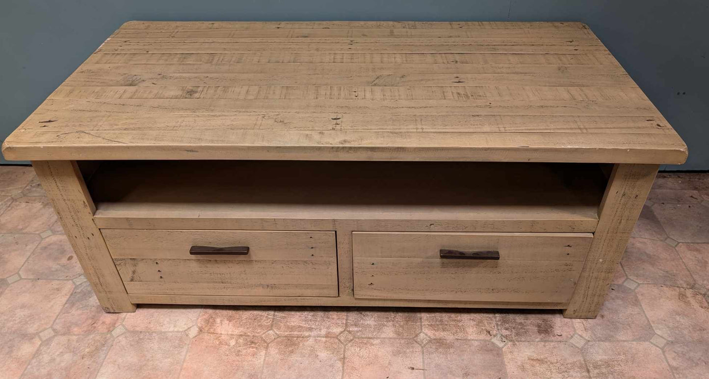 Light Wood TV Table with Two Drawers and Console Shelf