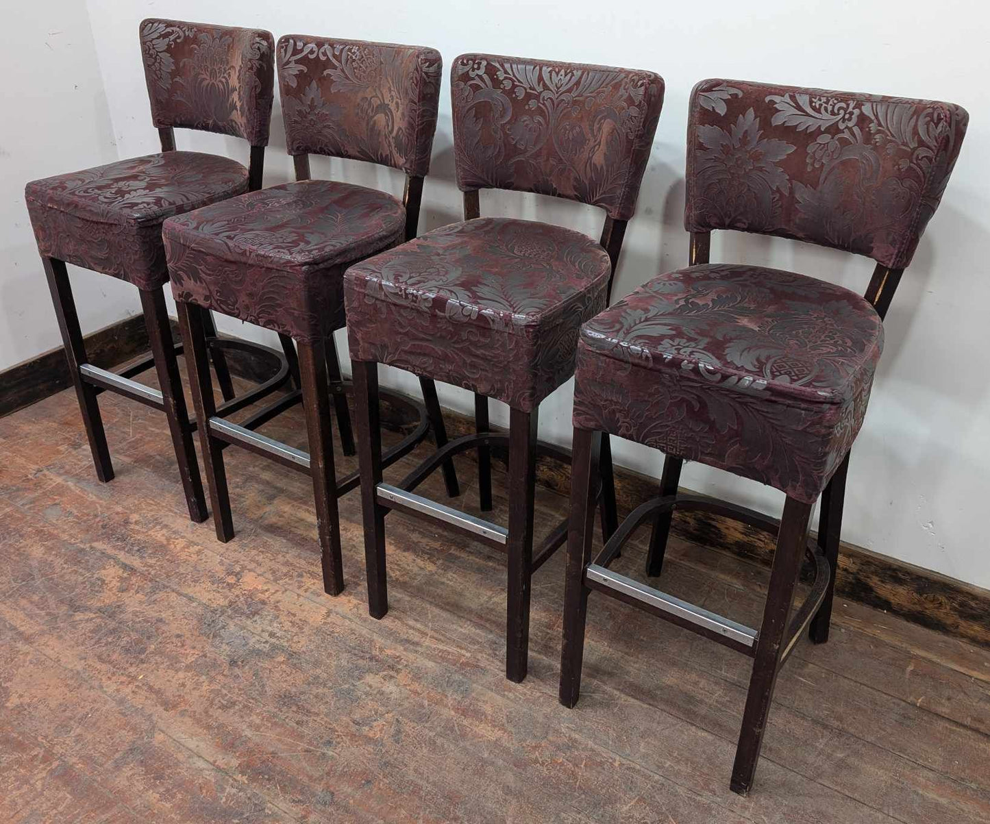 Set of Four Fabric and Vinyl Patterned Bar Stools in Black-Red