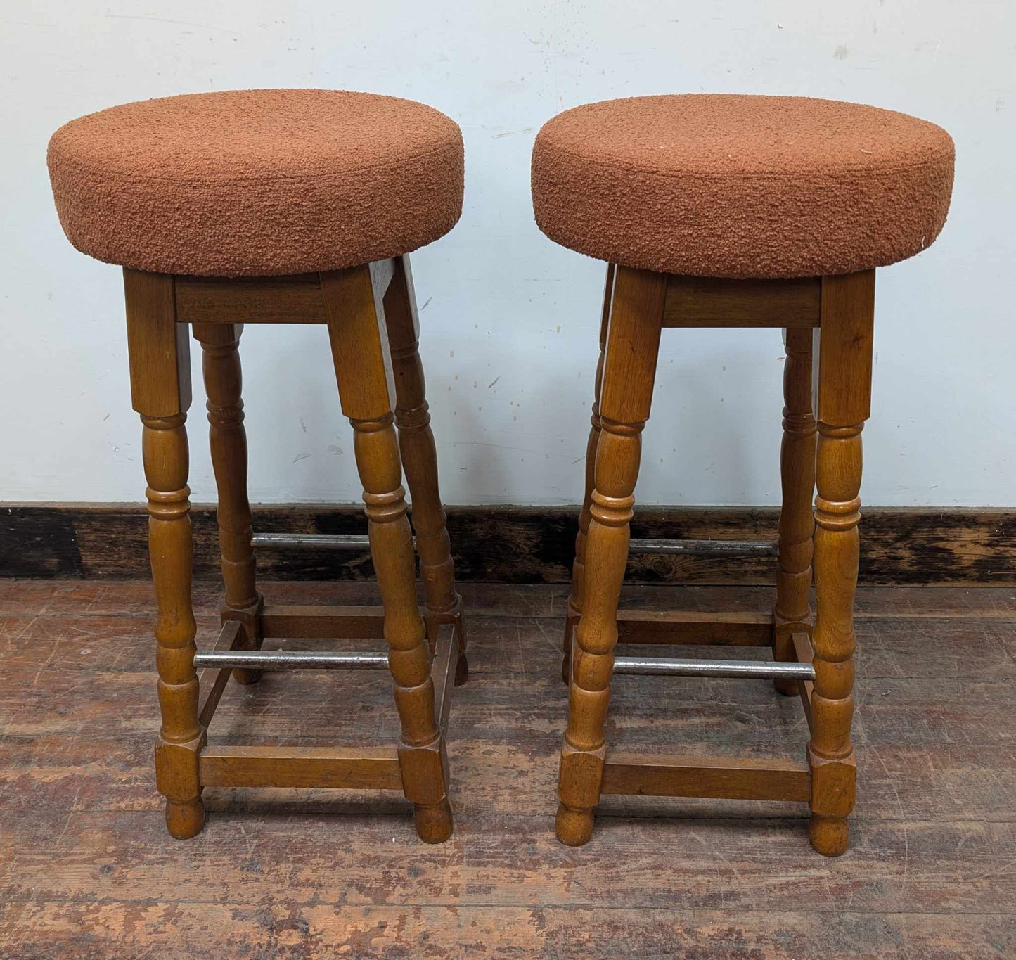 Pair of Orange Fleece Topped Bar Stools with Wooden Frames