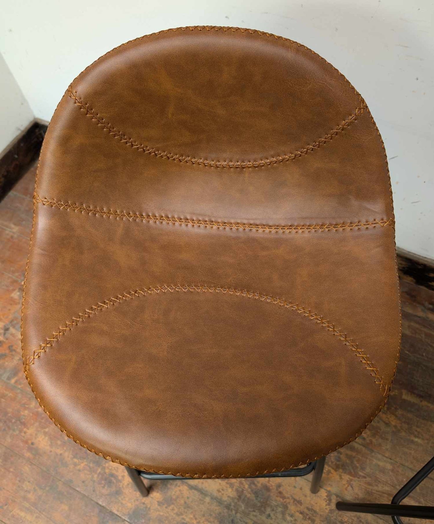 Pair of Tan Vegan Leather Baseball Bar Stools with High Metal frames