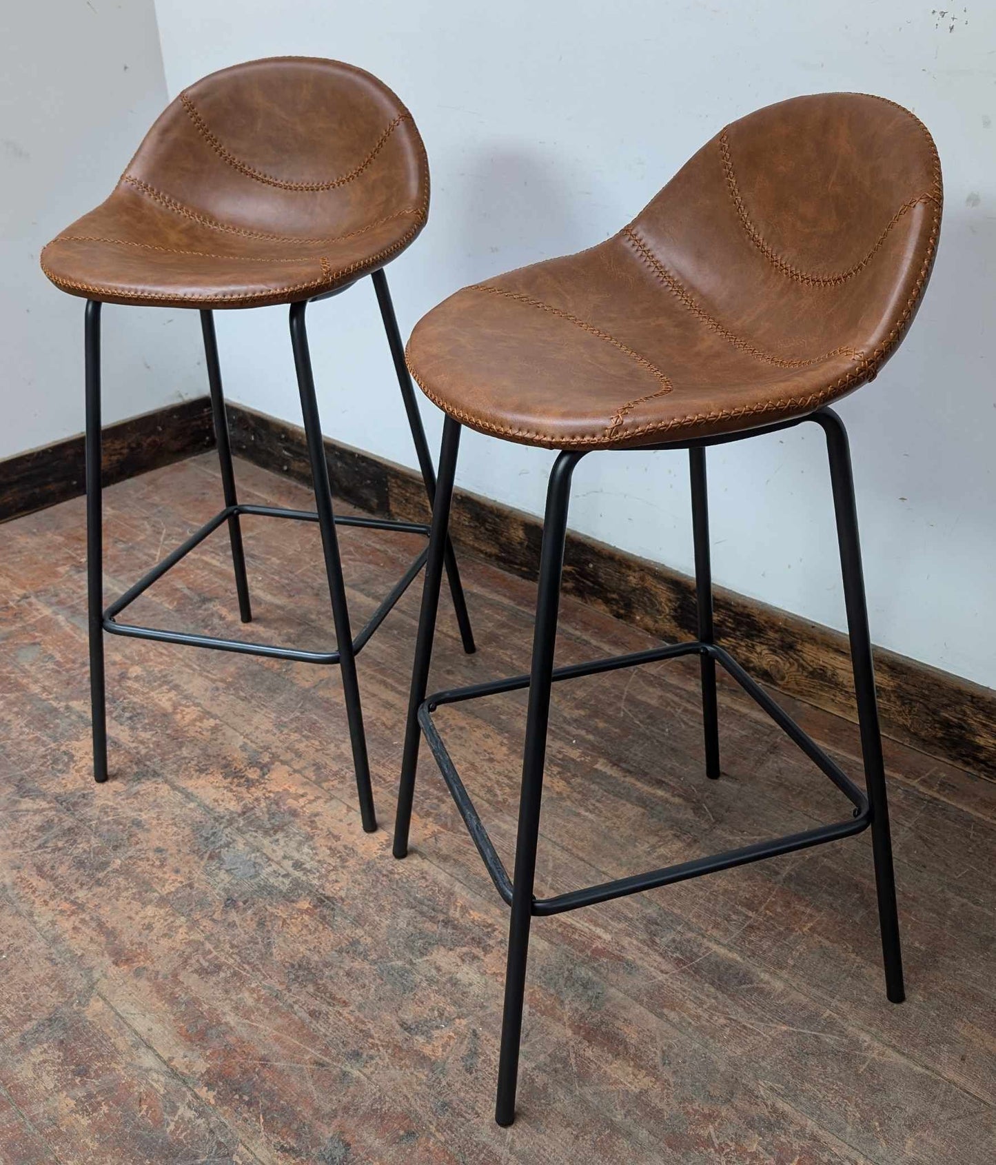 Pair of Tan Vegan Leather Baseball Bar Stools with High Metal frames