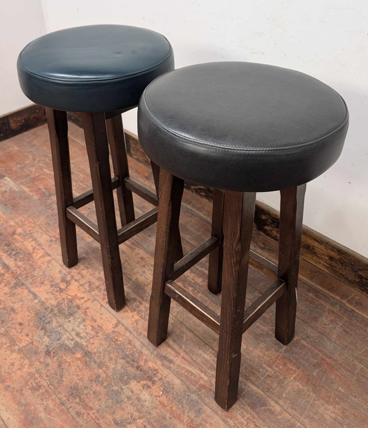 Pair of Blue and Black Vegan Leather Topped Bar Stools with Wooden Frames