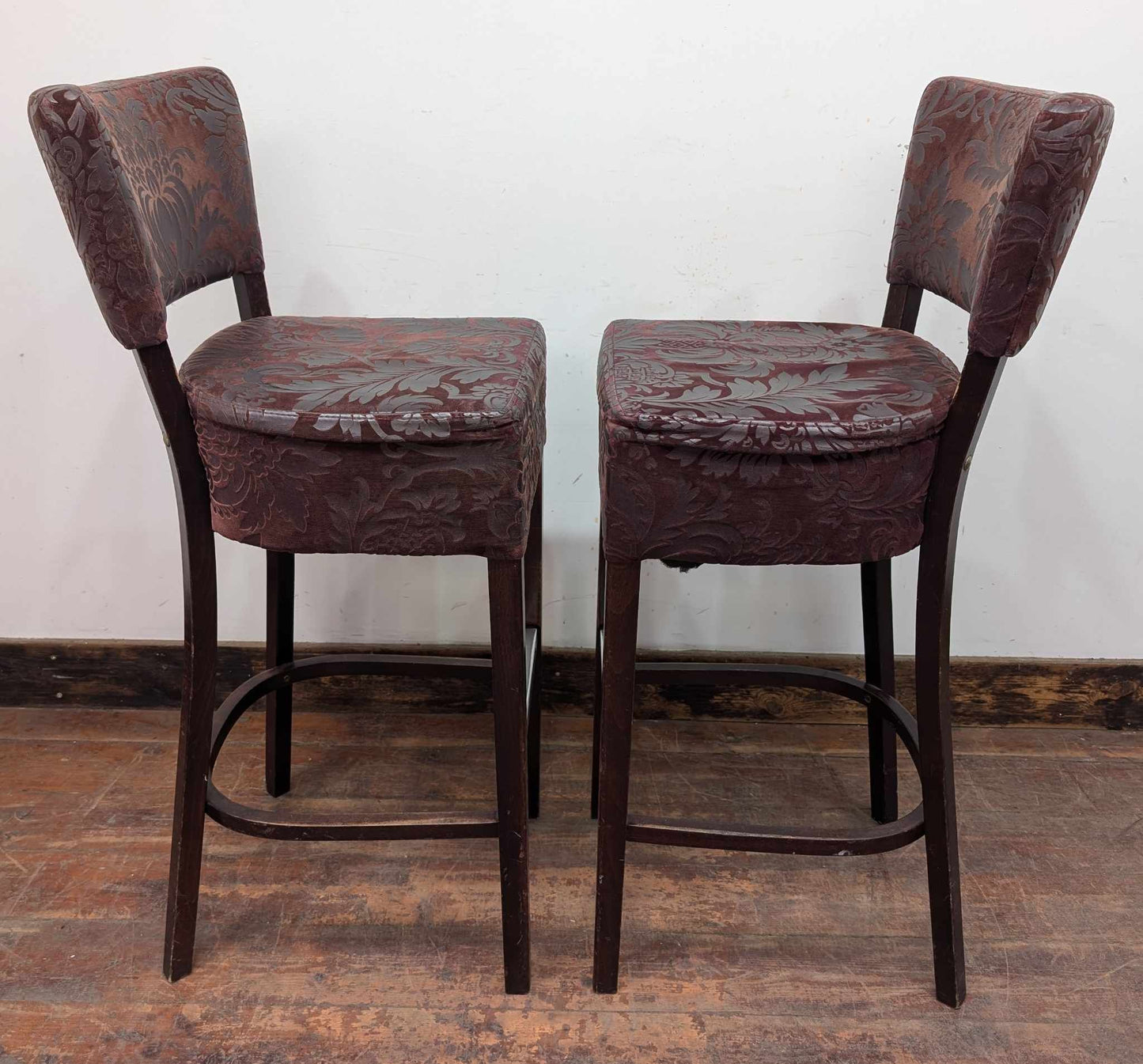 Set of Four Fabric and Vinyl Patterned Bar Stools in Black-Red