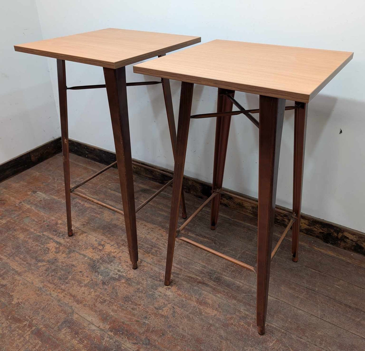 Pair of Tall Skinny Poseur Tables with Square Wood Tops and Copper Metal Bases