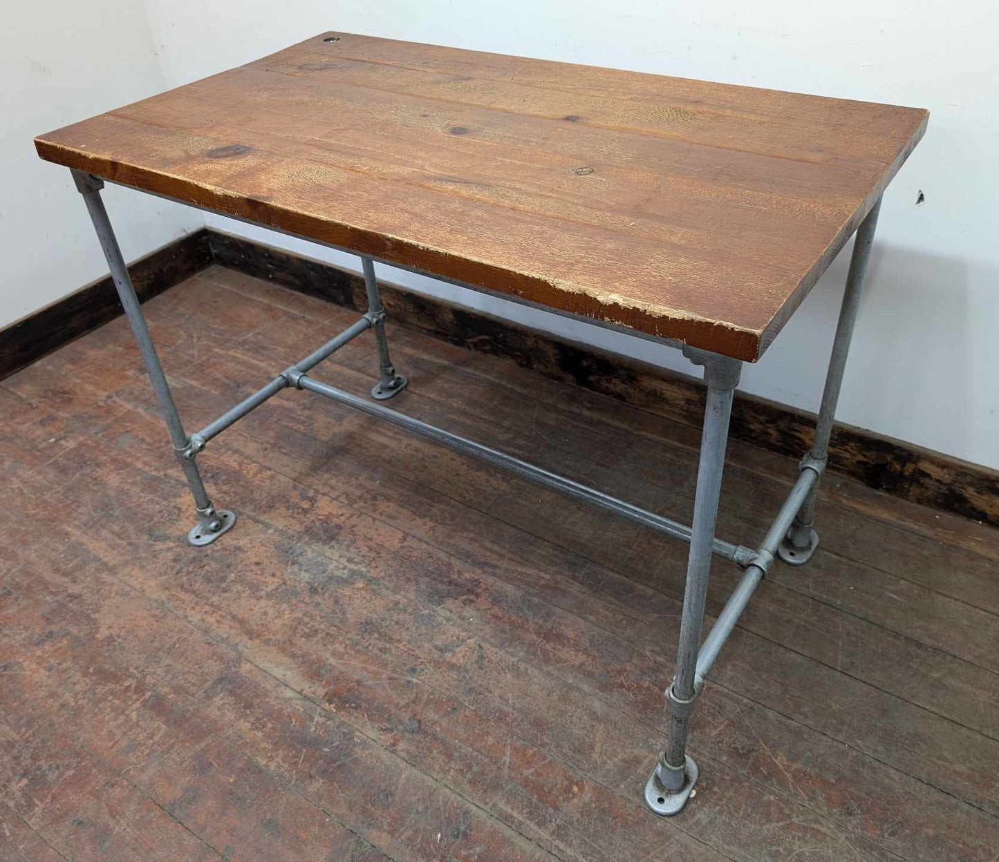 Industrial Rectangular Poseur Table with Steel Frame and Solid Wood Top
