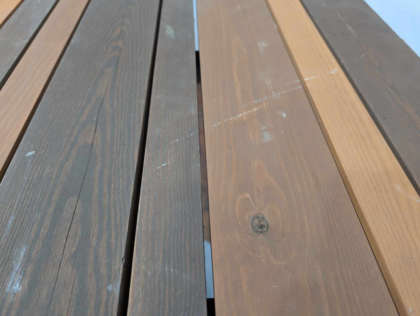Outdoor Poseur Table with Panelled Wooden Top and Grey Steel Pillar Base