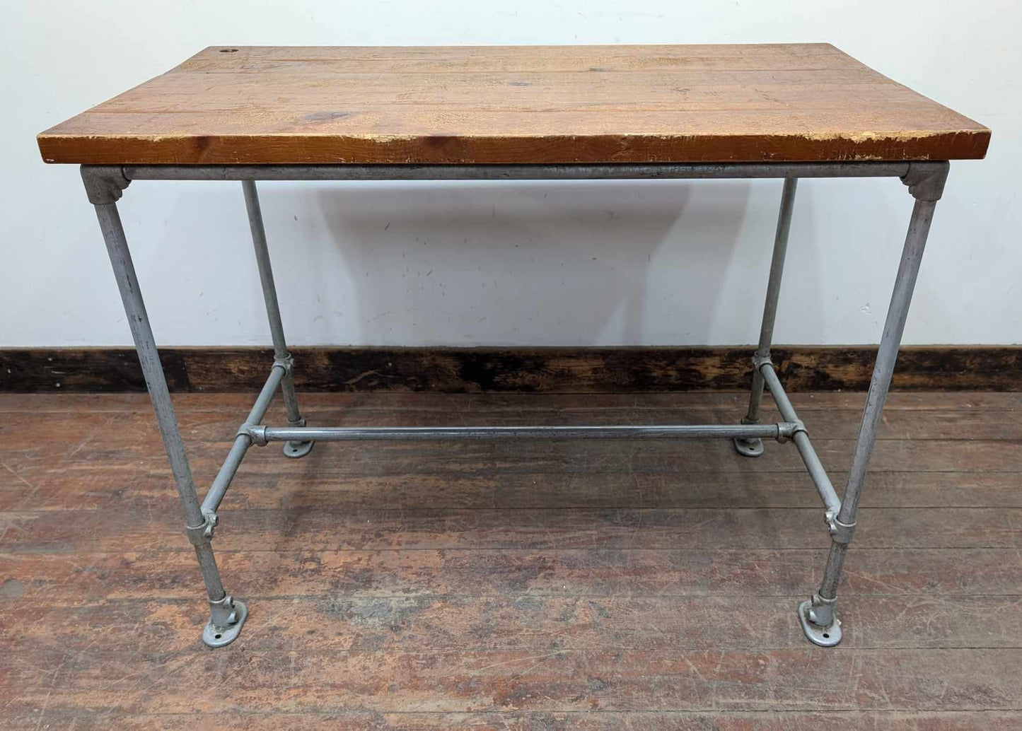 Industrial Rectangular Poseur Table with Steel Frame and Solid Wood Top
