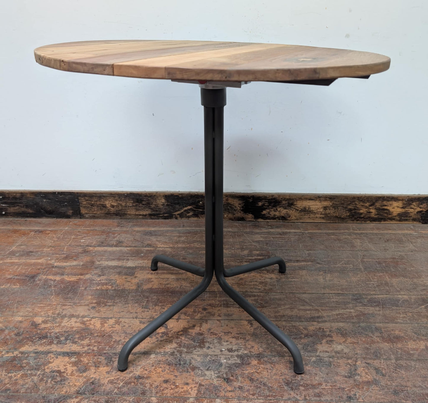Round Pub Table with Medium Wood Top and Metal Base
