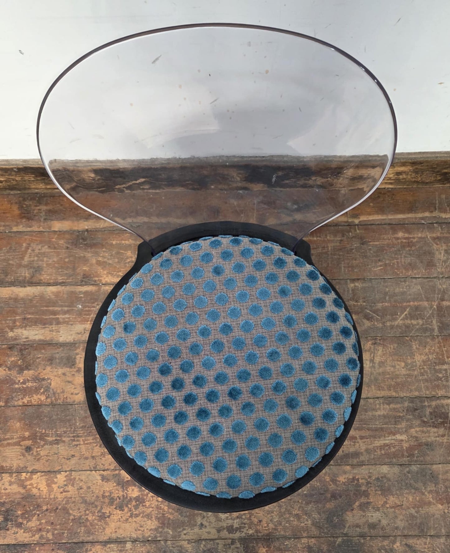 Set of Four Clear Plastic Spoonback Chairs with Blue Spotted Upholstered Seats
