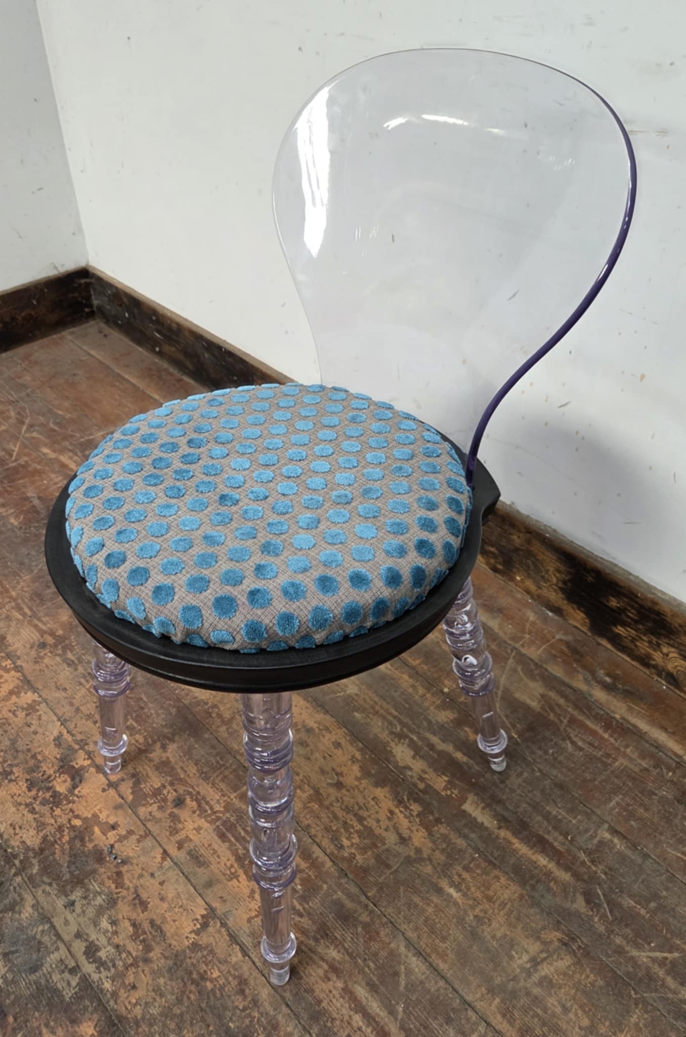 Set of Four Clear Plastic Spoonback Chairs with Blue Spotted Upholstered Seats