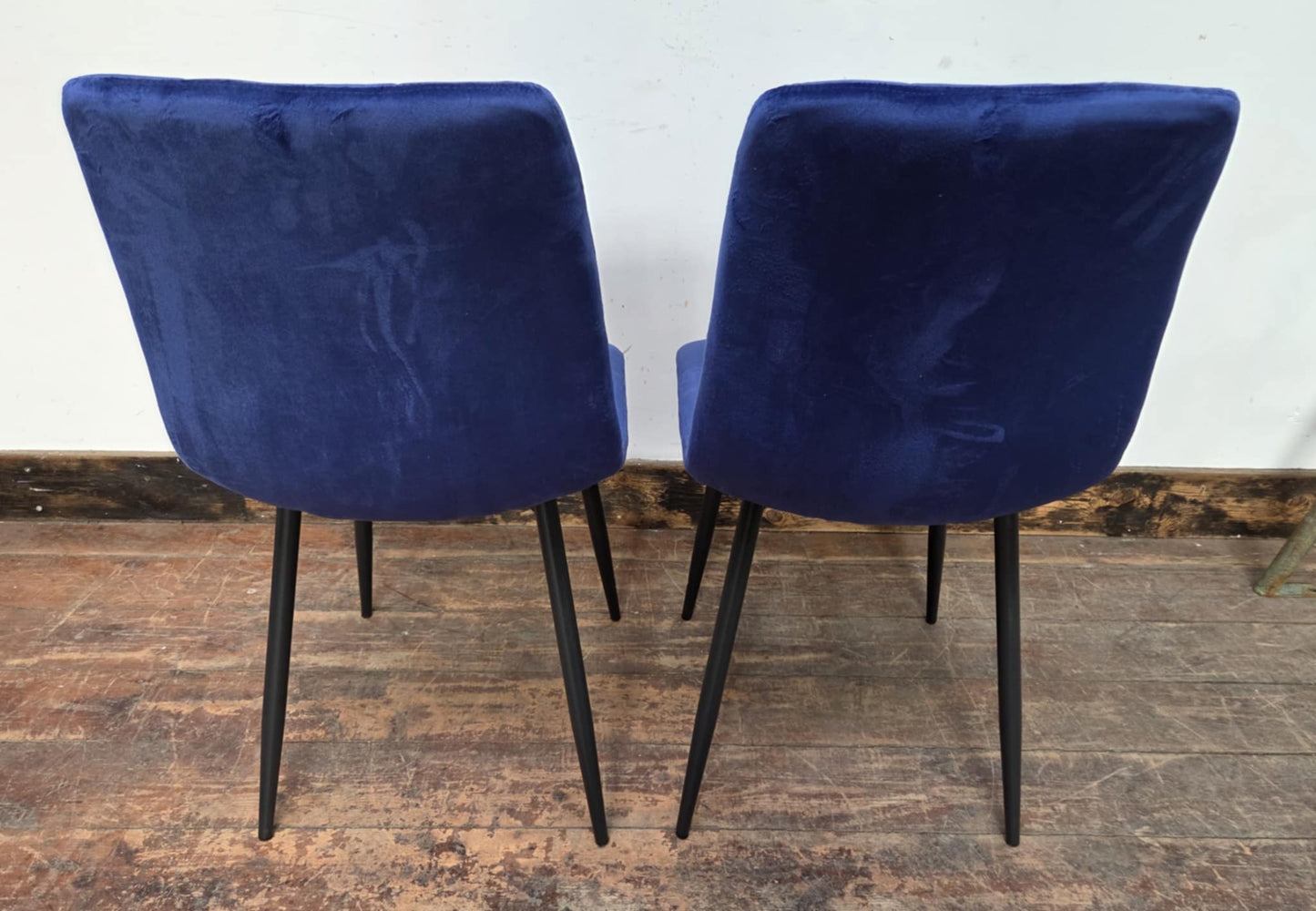 Pair of Blue Velveteen Dining Chairs with Black Metal Bases and Block Stitching