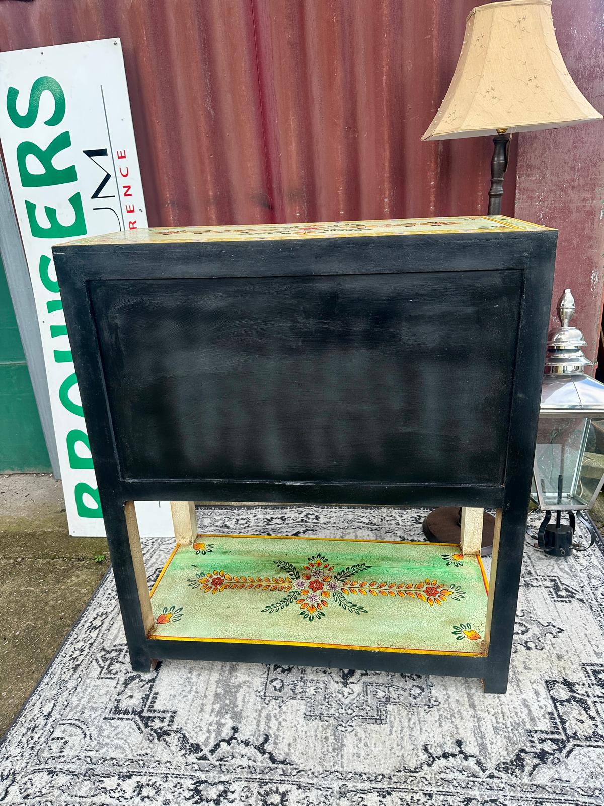 Hand Painted Floral Wooden Cabinet with Double Doors and Display Shelf