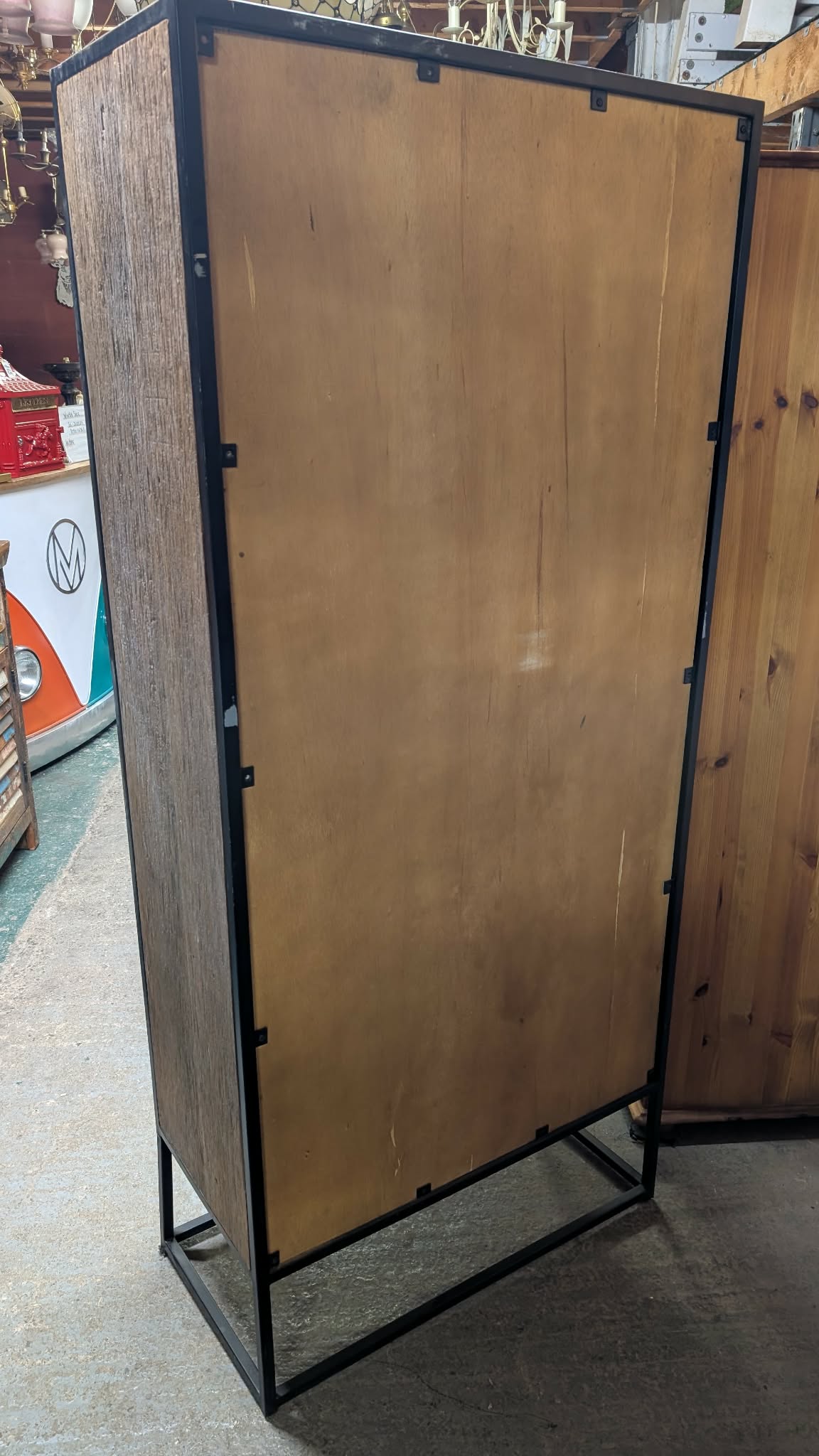 Standing Cabinet with Reeded Glass Doors / Metal Frame / Wood panels