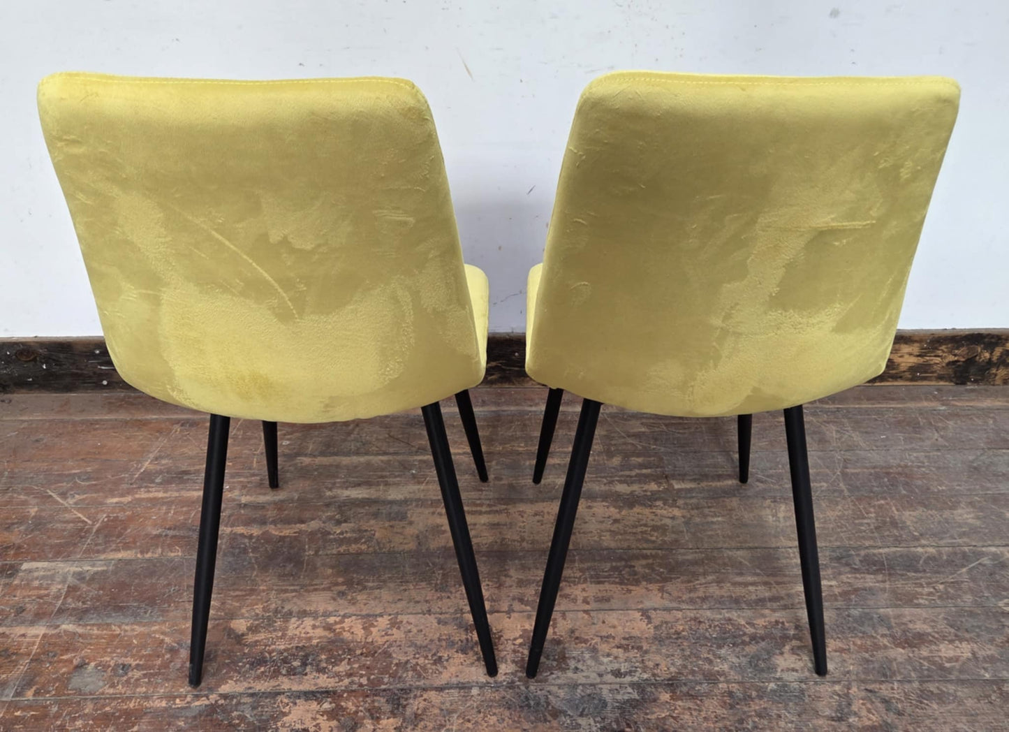 Pair of Yellow Velveteen Dining Chairs with Black Metal Bases and Block Stitching