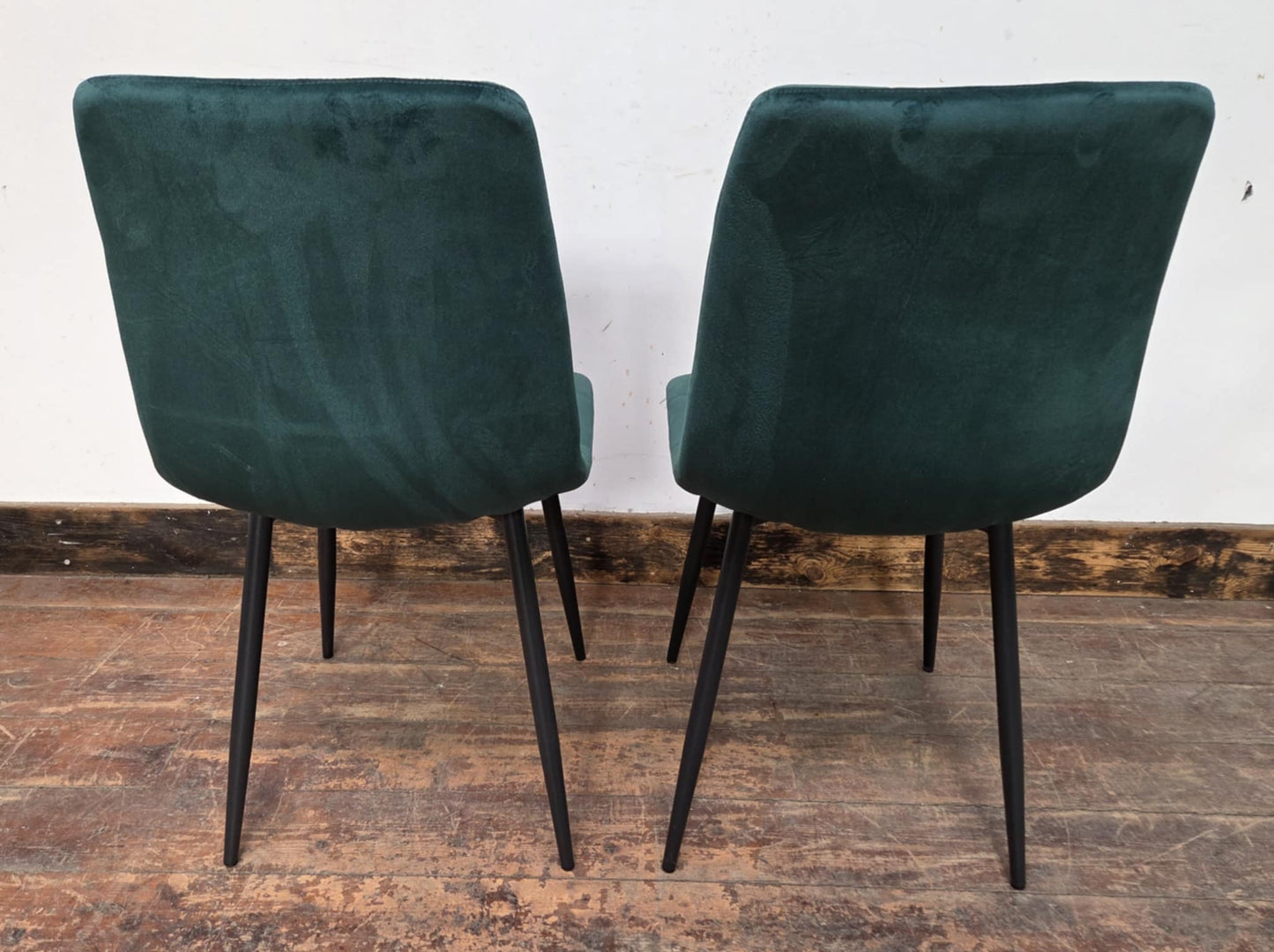 Pair of Green Velveteen Dining Chairs with Black Metal Bases and Block Stitching