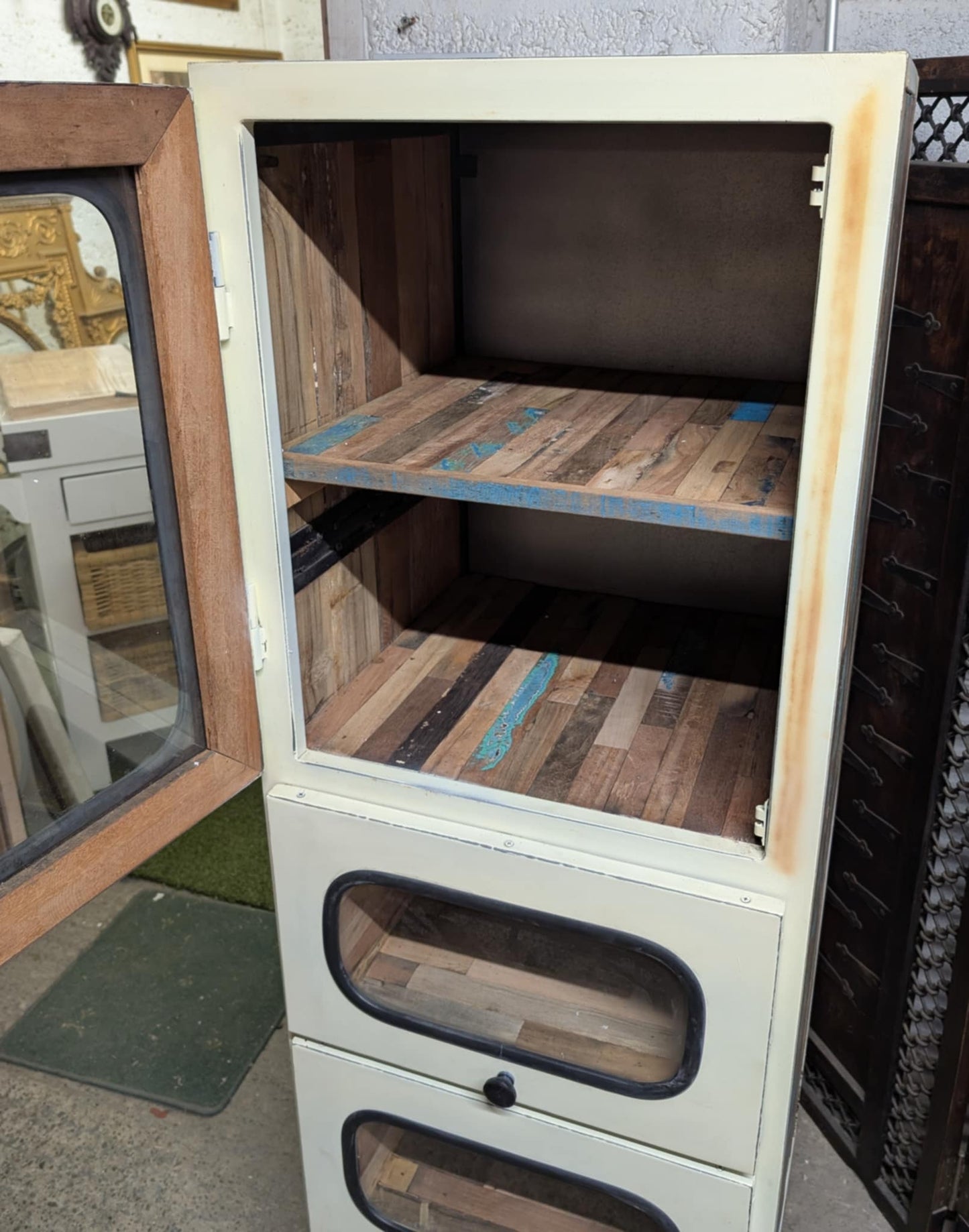White Glass-Fronted Cabinet / Drawers with Boatwood Panels and Metal Frame